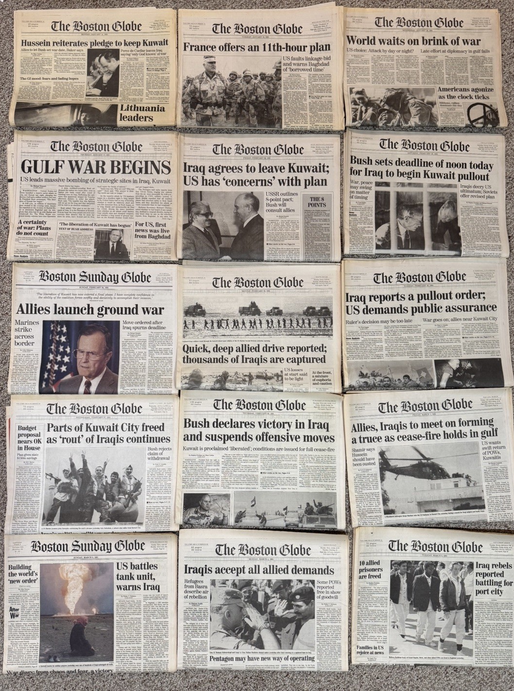 Boston Globe 15 Front Sections, Gulf War, January 14th to March 5th 1991 Boston Globe 15 Front Sections, Gulf War, January 14th to March 5th 1991