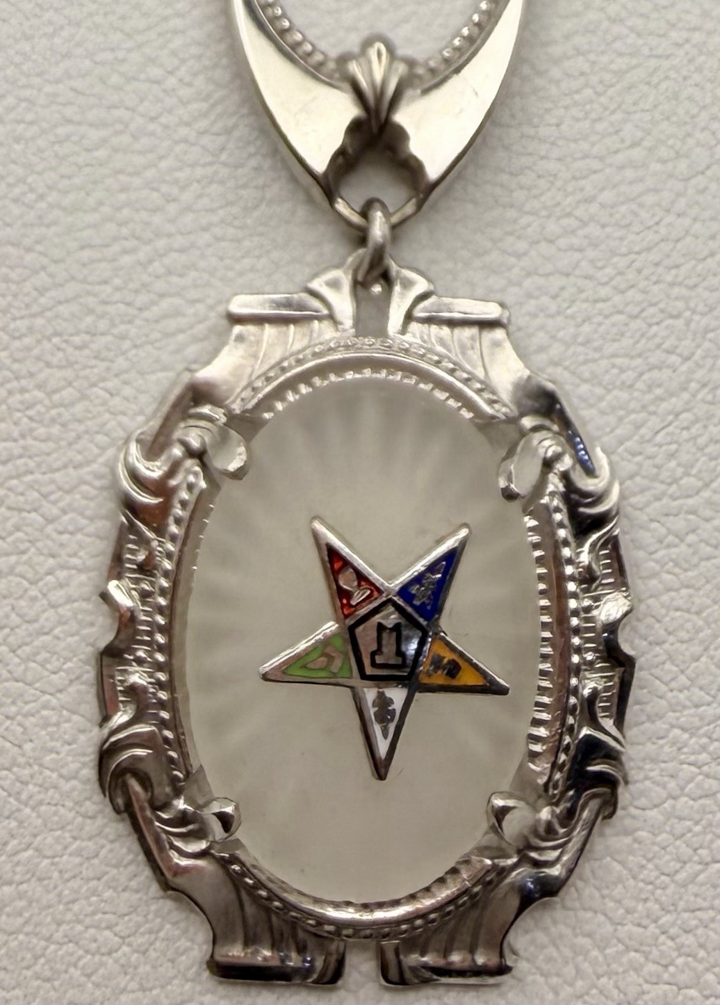 Gold Antique Mason Order of Eastern Star Camphor Glass Enamel Necklace Pendant Gold Antique Mason Order of Eastern Star Camphor Glass Enamel Necklace Pendant