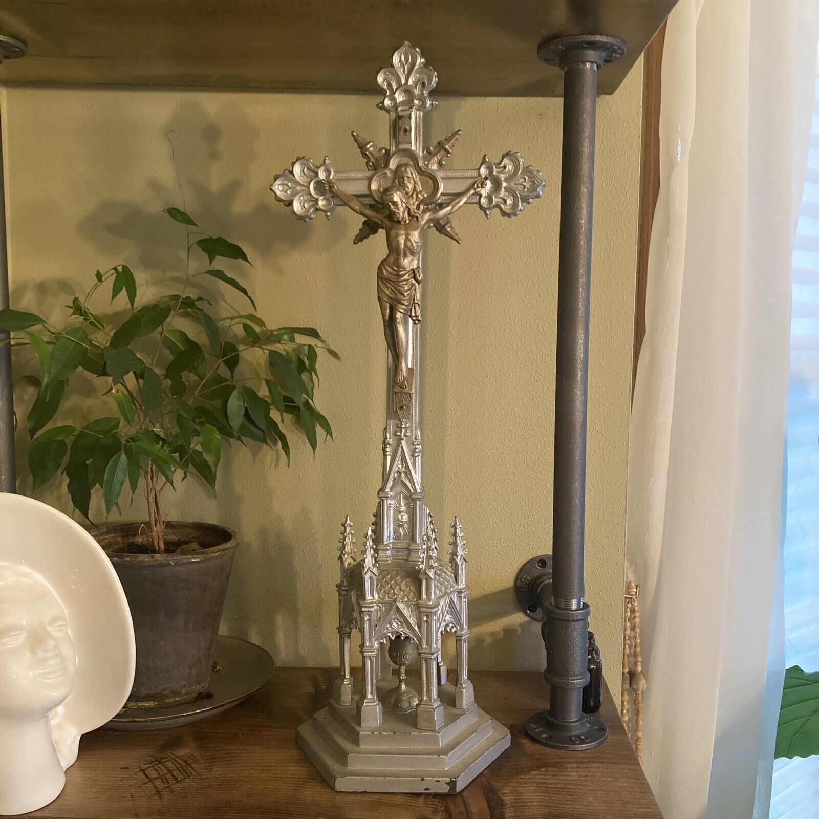 Vintage Spelter metal Crucifix neo gothic chalice religious
