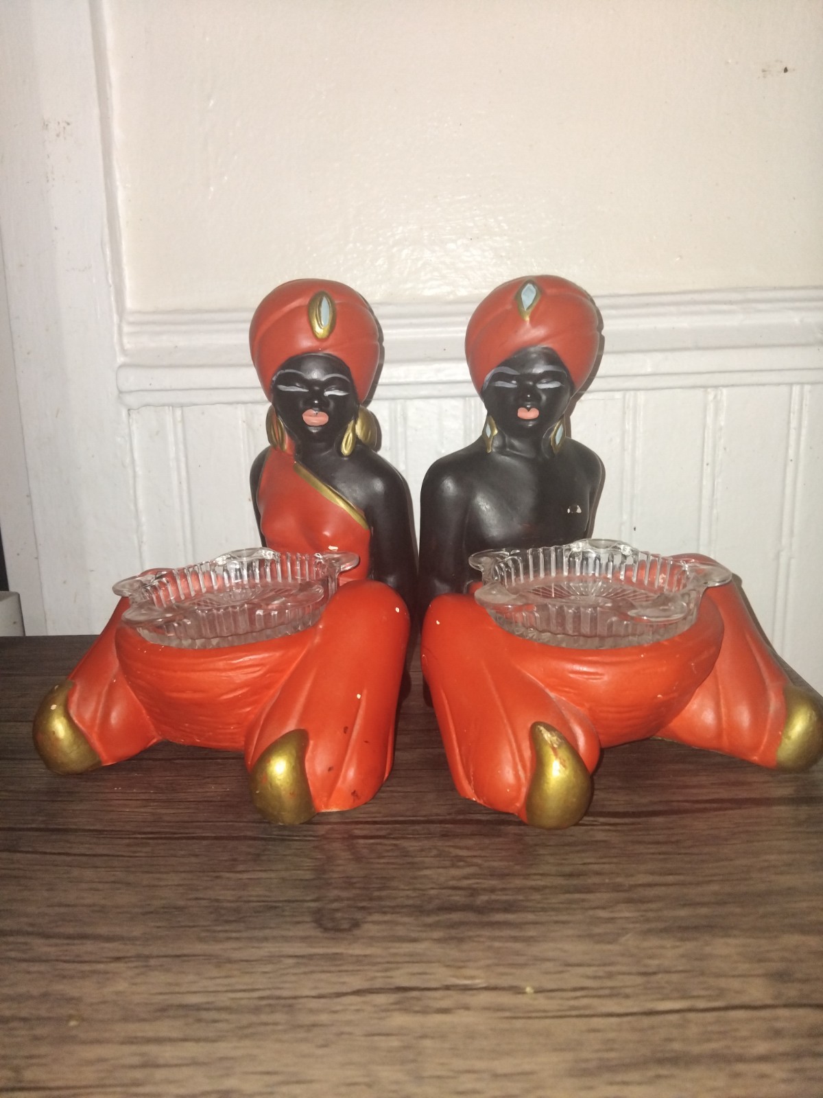 Vintage 1950s Blackamoor Chalkware Ashtrays MCM Nubian Genie Pair Glass Inserts Vintage 1950s Blackamoor Chalkware Ashtrays MCM Nubian Genie Pair Glass Inserts