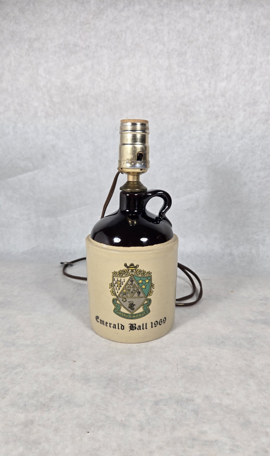 Vintage Kappa Delta Sorority Stoneware Drinking Jug Lamp Emerald Ball 1969 WORKS Vintage Kappa Delta Sorority Stoneware Drinking Jug Lamp Emerald Ball 1969 WORKS