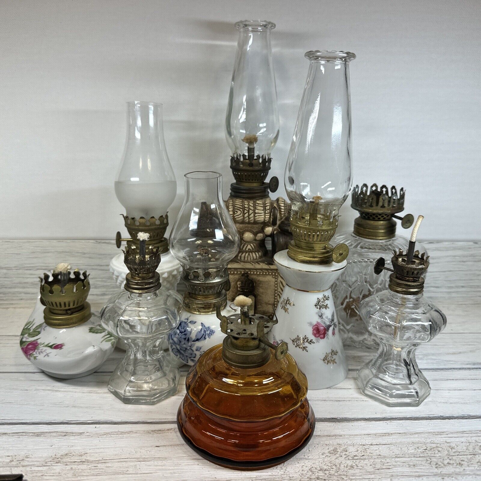 Vintage Lot of 8 Miniature Mini Glass Porcelain Lanterns Kerosene Oil Lamps