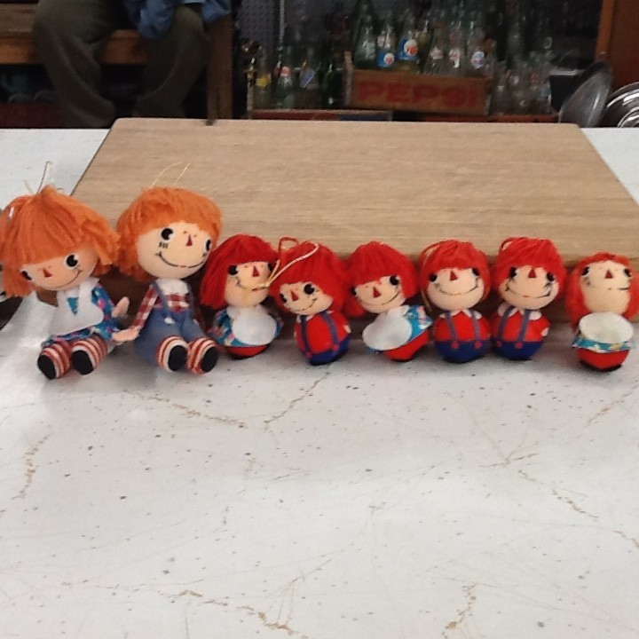 Vtg Raggedy Ann & Andy Christmas Tree Ornaments Felt Foam Yarn 1960s Japan Lot 8 Vtg Raggedy Ann & Andy Christmas Tree Ornaments Felt Foam Yarn 1960s Japan Lot 8