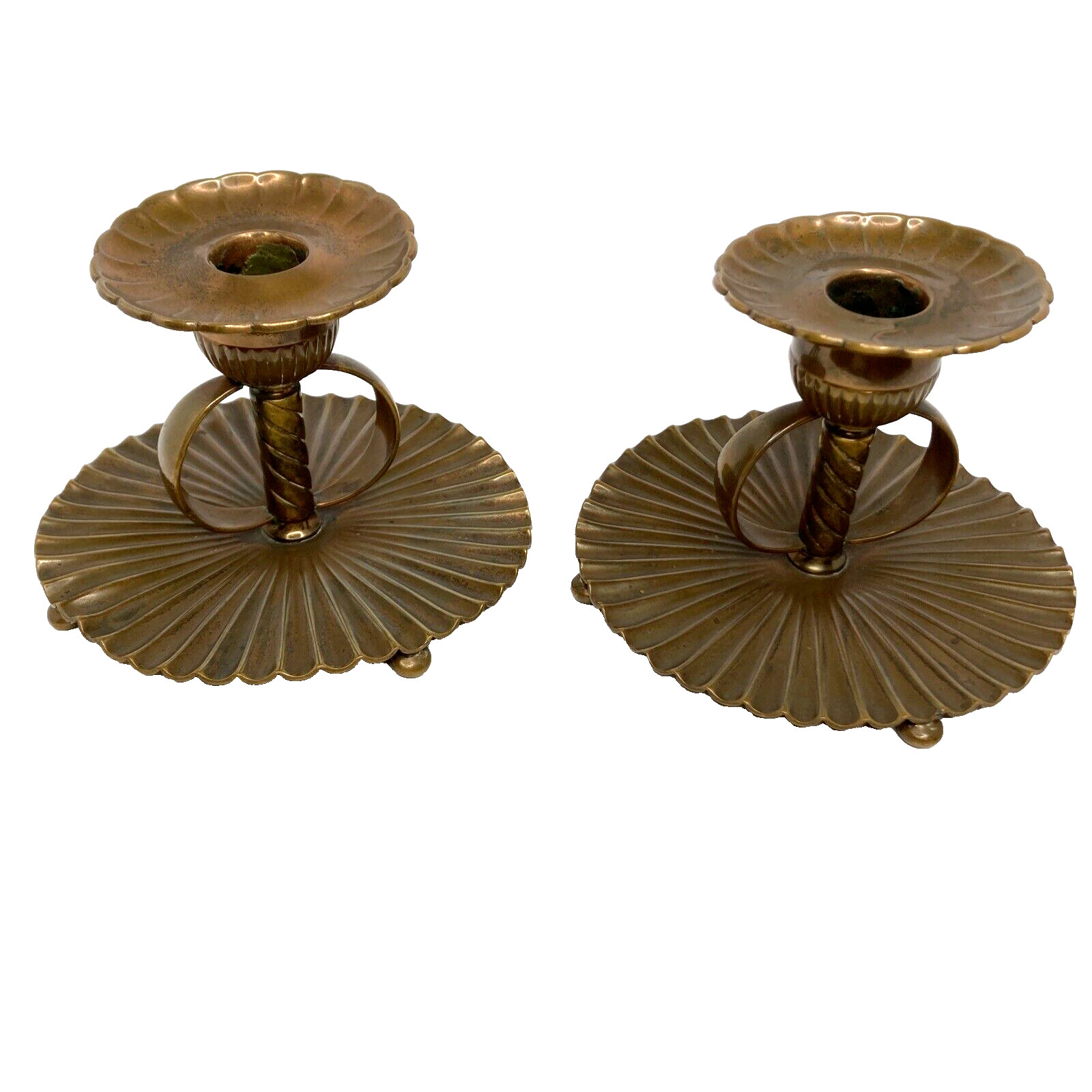 Antique 1882 Gorham Copper Fluted Chambersticks Pair Bun Feet Floral Candle Cups Antique 1882 Gorham Copper Fluted Chambersticks Pair Bun Feet Floral Candle Cups