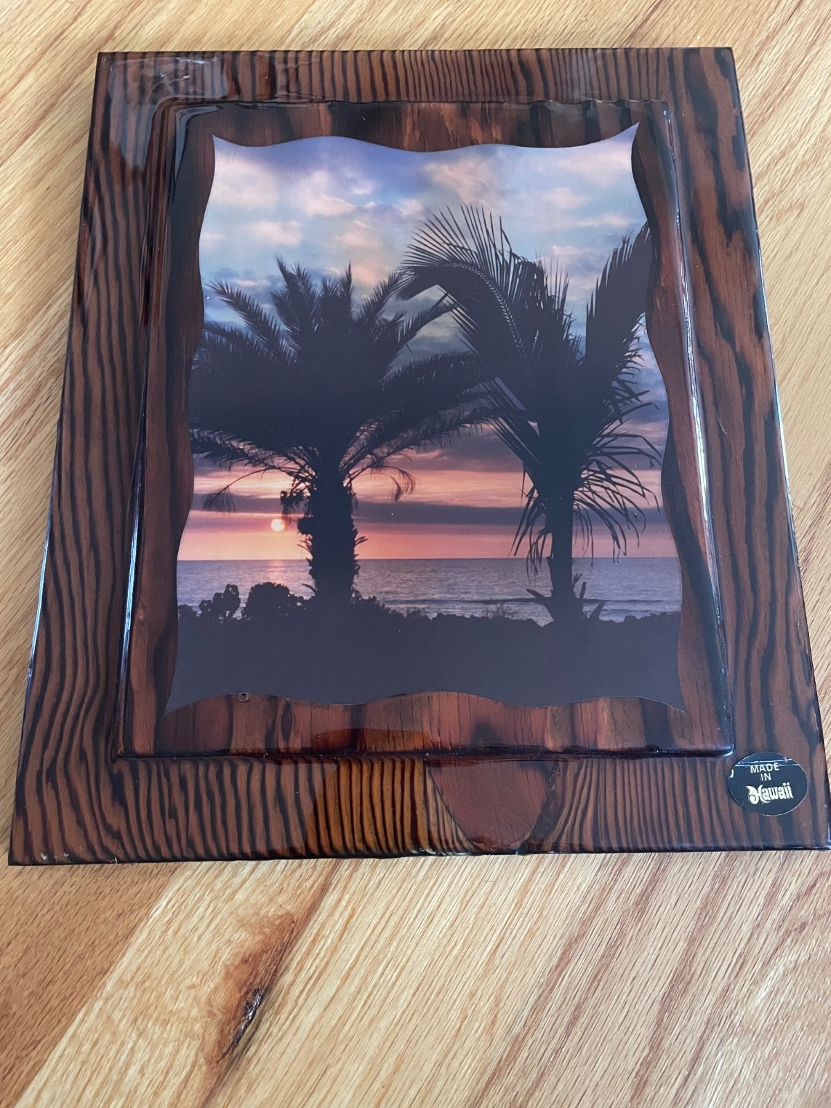 Rare vintage lacquered wood Hawaiian palm trees sunset. Made in Hawaii. Rare vintage lacquered wood Hawaiian palm trees sunset. Made in Hawaii.