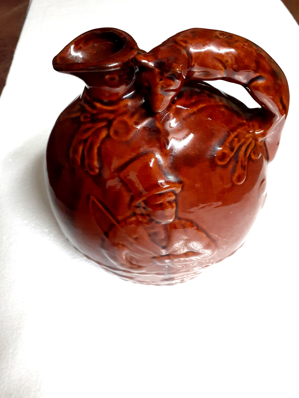 Antique Signed Rockingham Spirits Pitcher, Fox Handle and Country Gentleman