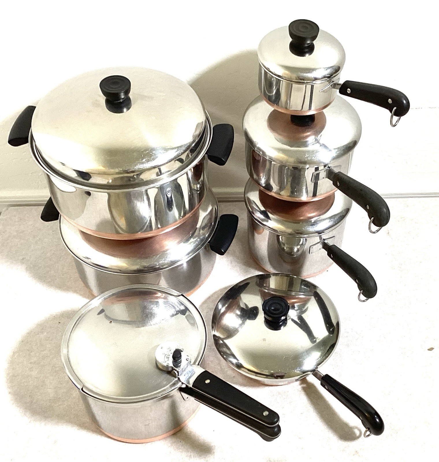 Vintage REVERE WARE 1801 Copper Bottom Cookware Set 14 PC Pots Pans Pre-1968 USA