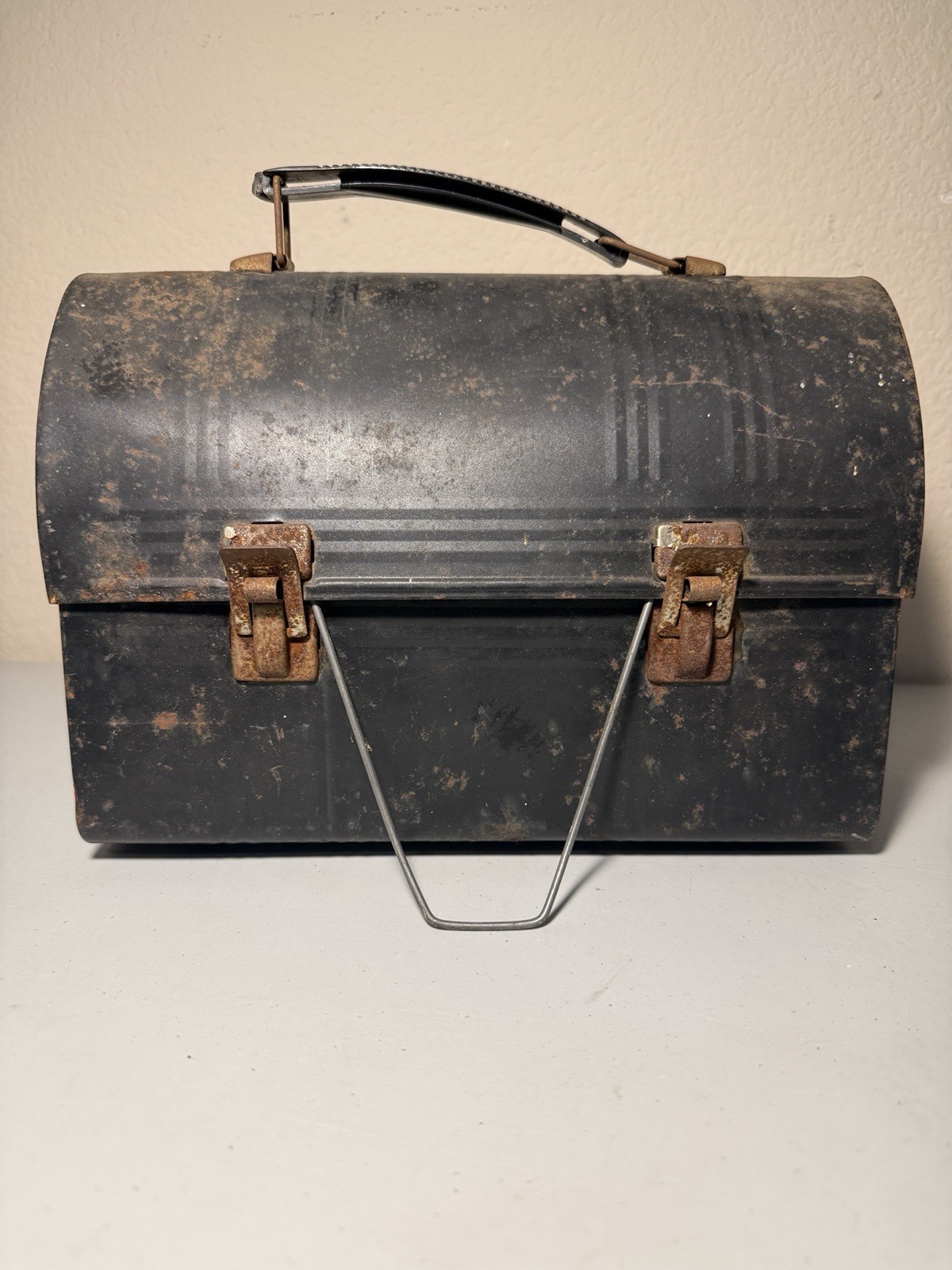 Vintage Black Metal Dome Top Lunchbox, No Thermos , Rusty - As Is