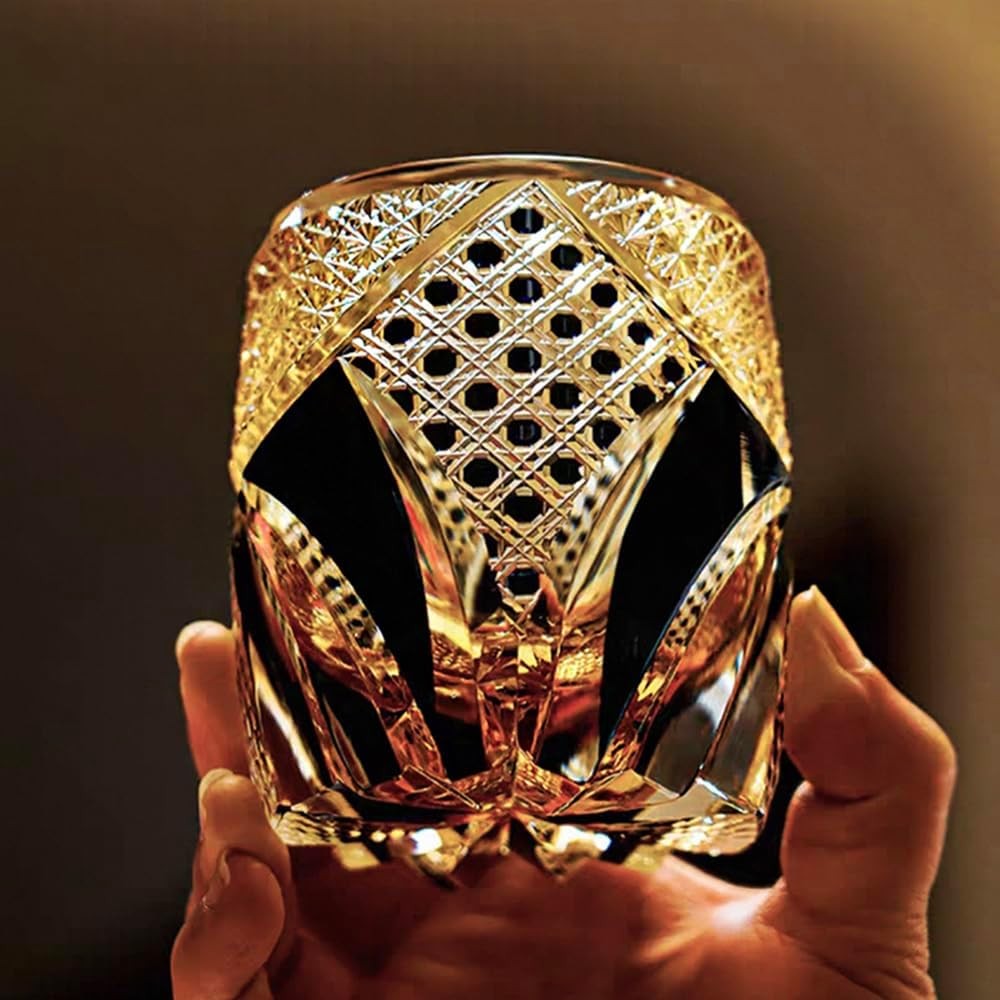 Japanese Edo Kiriko Hand‑Carved Gold Accent Glass Amber Crystal Sake Whiskey Cup Japanese Edo Kiriko Hand‑Carved Gold Accent Glass Amber Crystal Sake Whiskey Cup