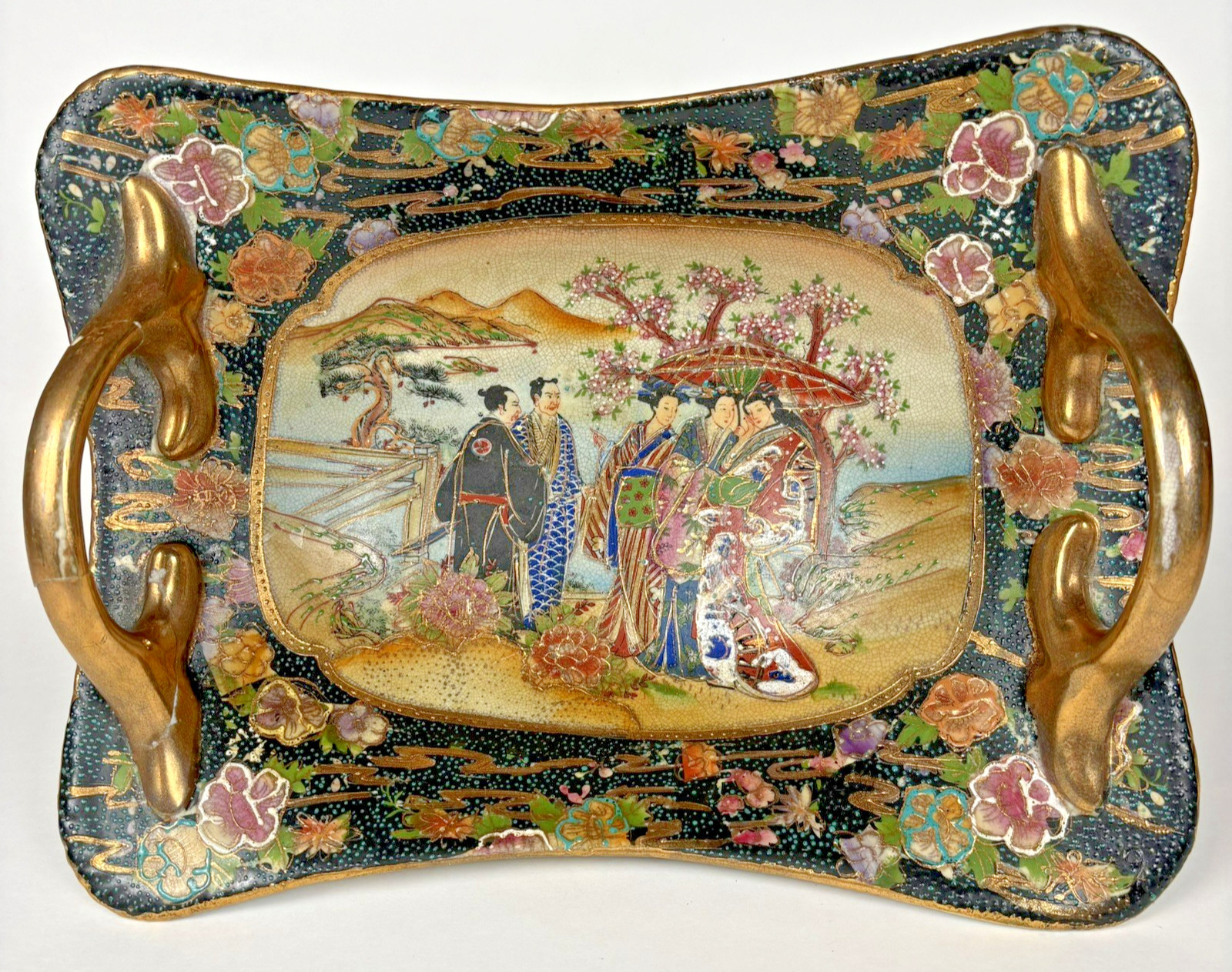 Vintage Royal Satsuma Style Handled Bowl Moriage Gilt Pedestal Geisha 12x9 Vintage Royal Satsuma Style Handled Bowl Moriage Gilt Pedestal Geisha 12x9