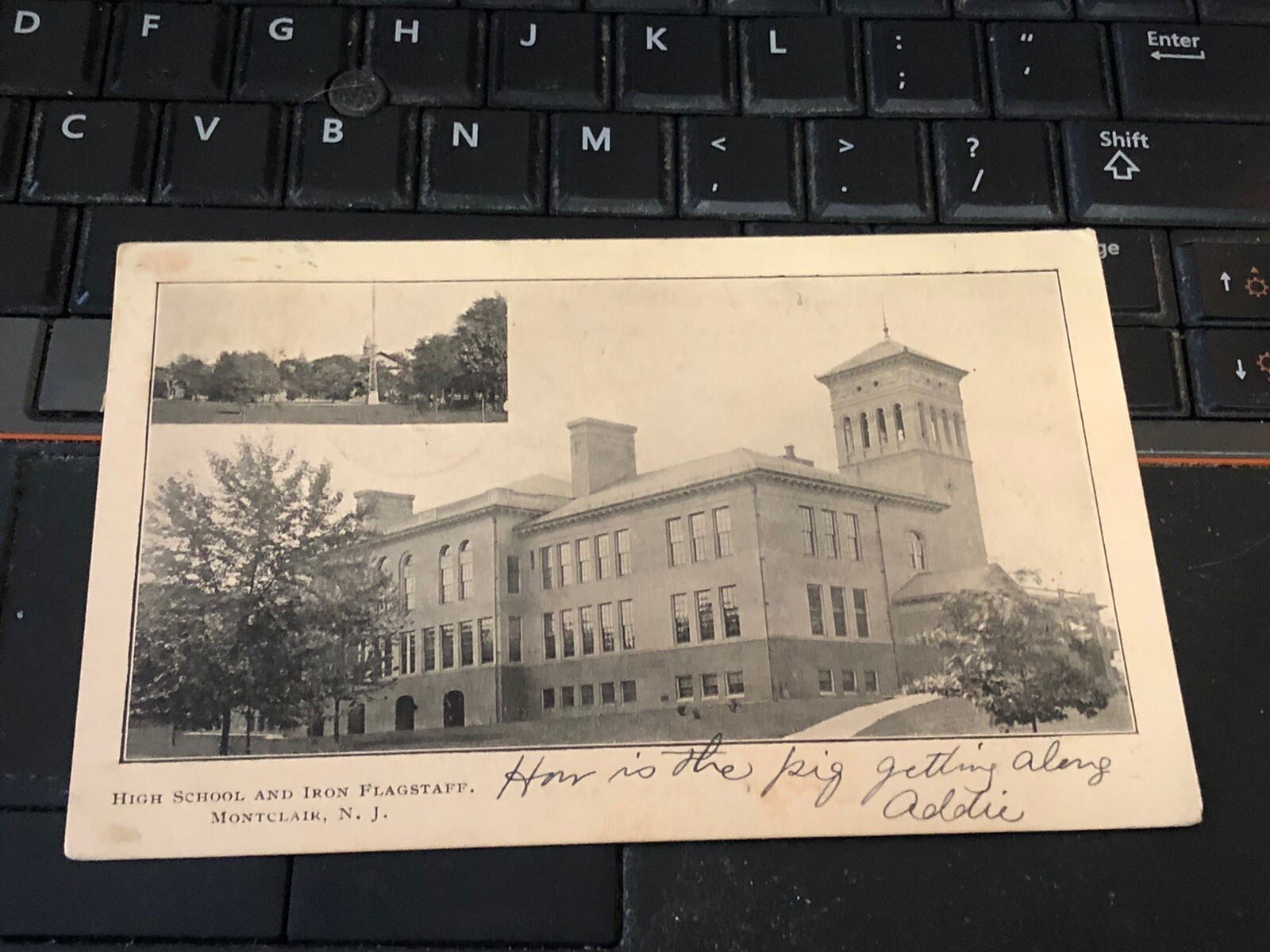1906 Montclair NJ Postcard High School & Iron Flagstaff - How’s The Pig?