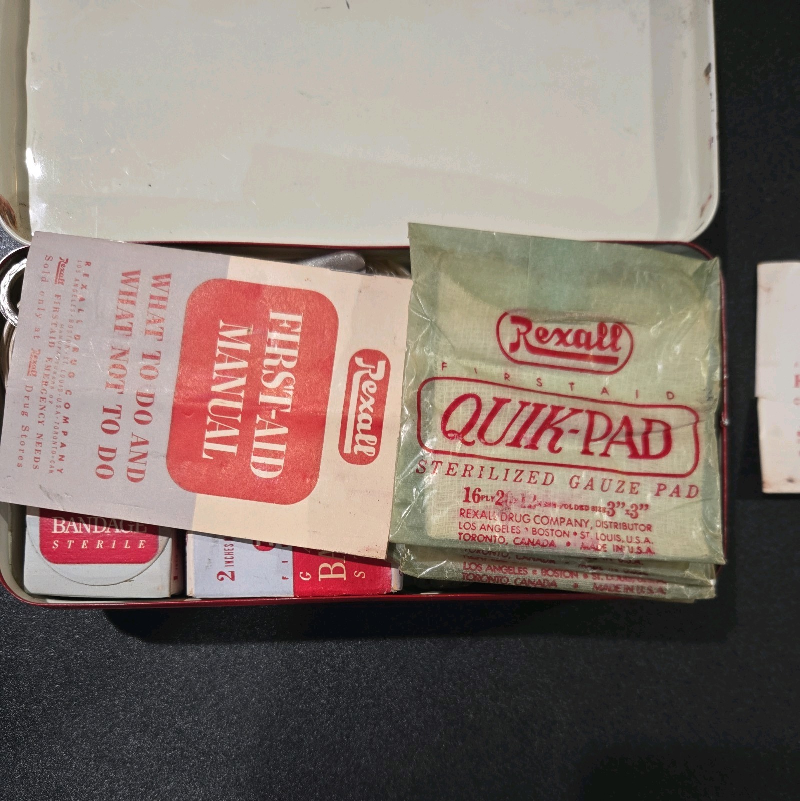 Vintage 1950s Rexall 504 First Aid Kit with Some Sealed Unopened Supplies RARE Vintage 1950s Rexall 504 First Aid Kit with Some Sealed Unopened Supplies RARE