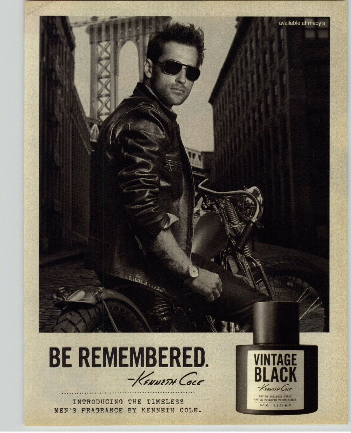 2007 Kenneth Cole Vintage Black Men\'s Cologne Motorcycle Photo Vintage Print Ad 