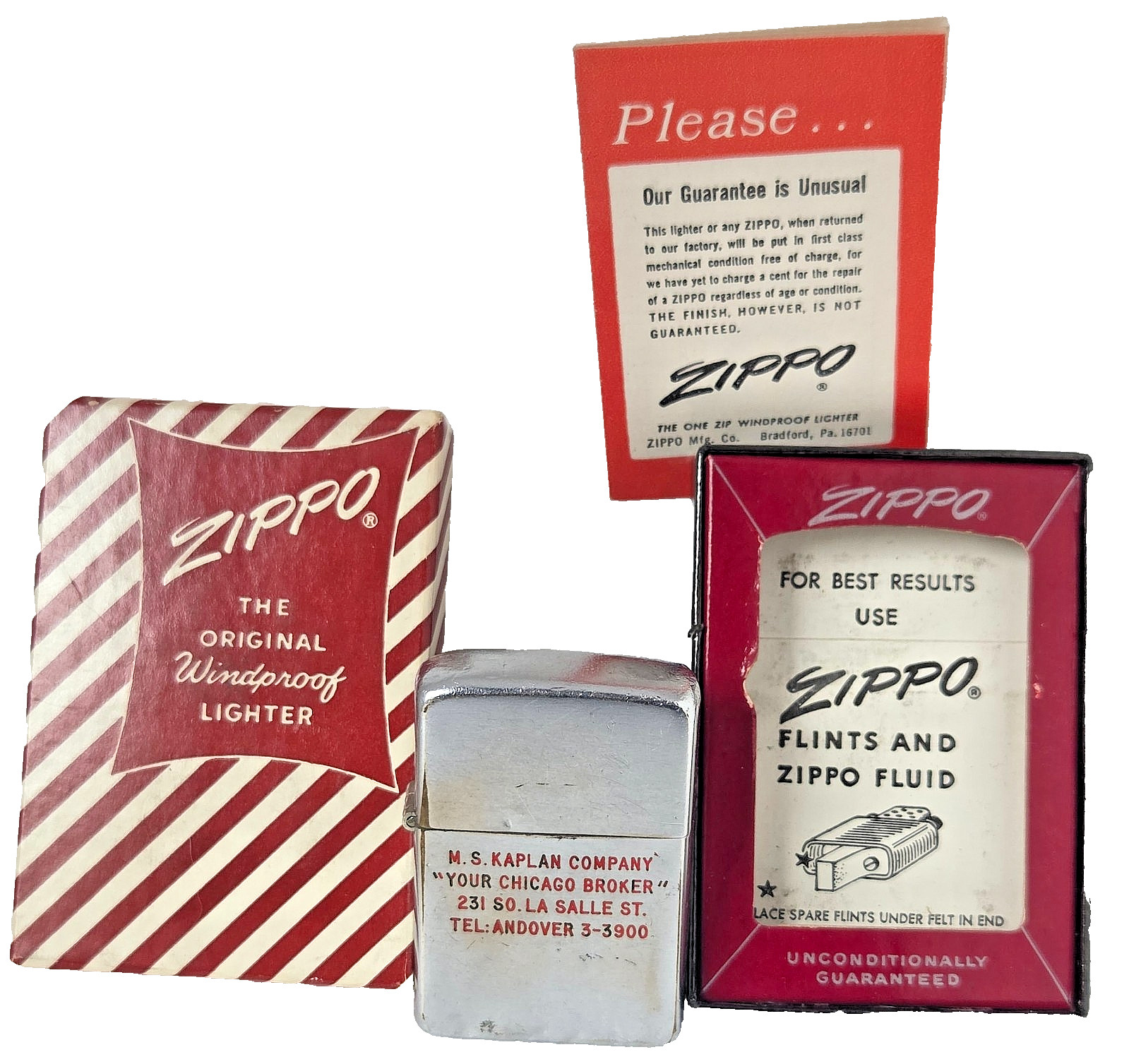 Vintage 1959 Zippo Lighter M.S. Kaplan Co Chicago Advertising Candy Stripe Box Vintage 1959 Zippo Lighter M.S. Kaplan Co Chicago Advertising Candy Stripe Box