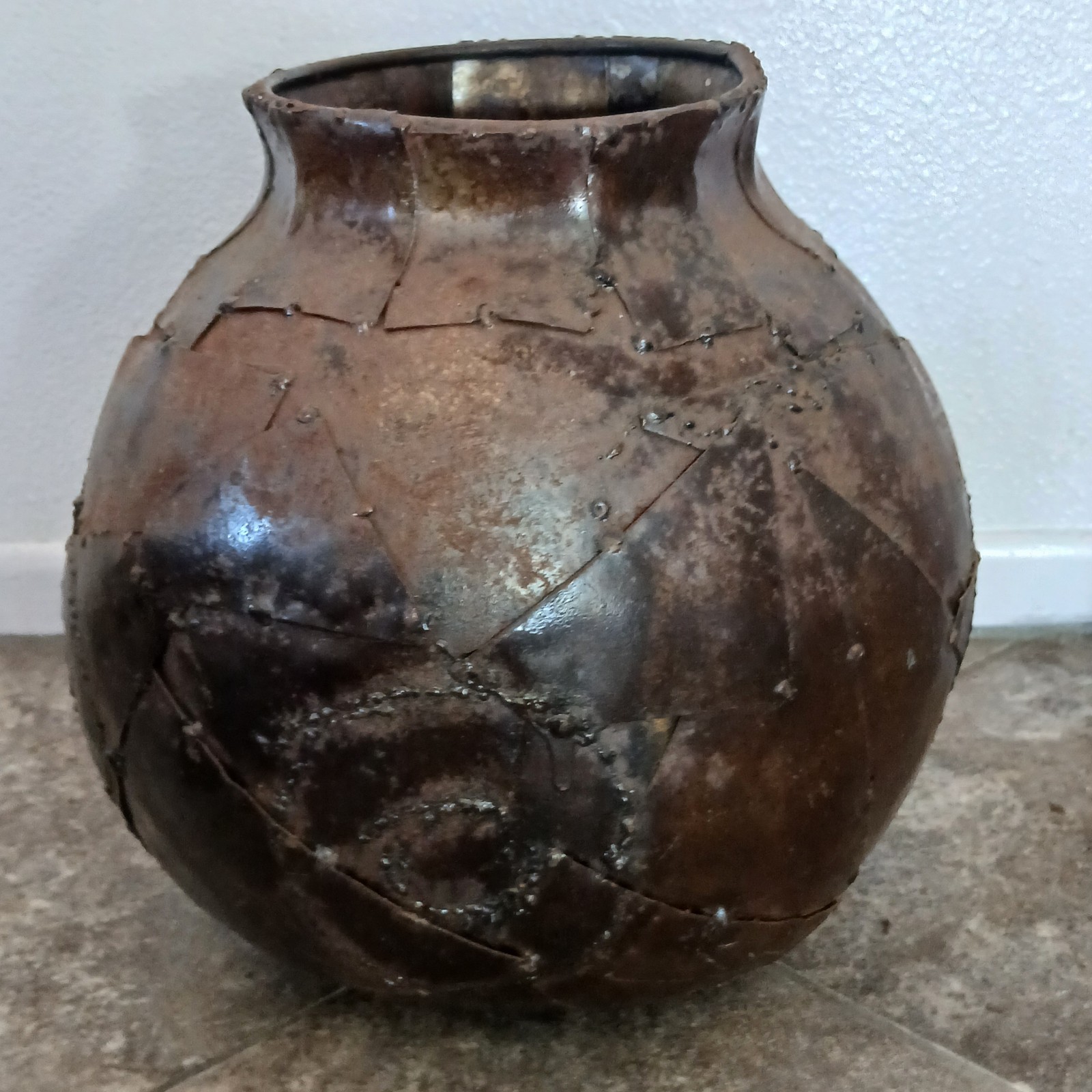 Paul Evans Style MCM Brutalist Welded Patchwork Steel Vessel Sculpture 11.5\