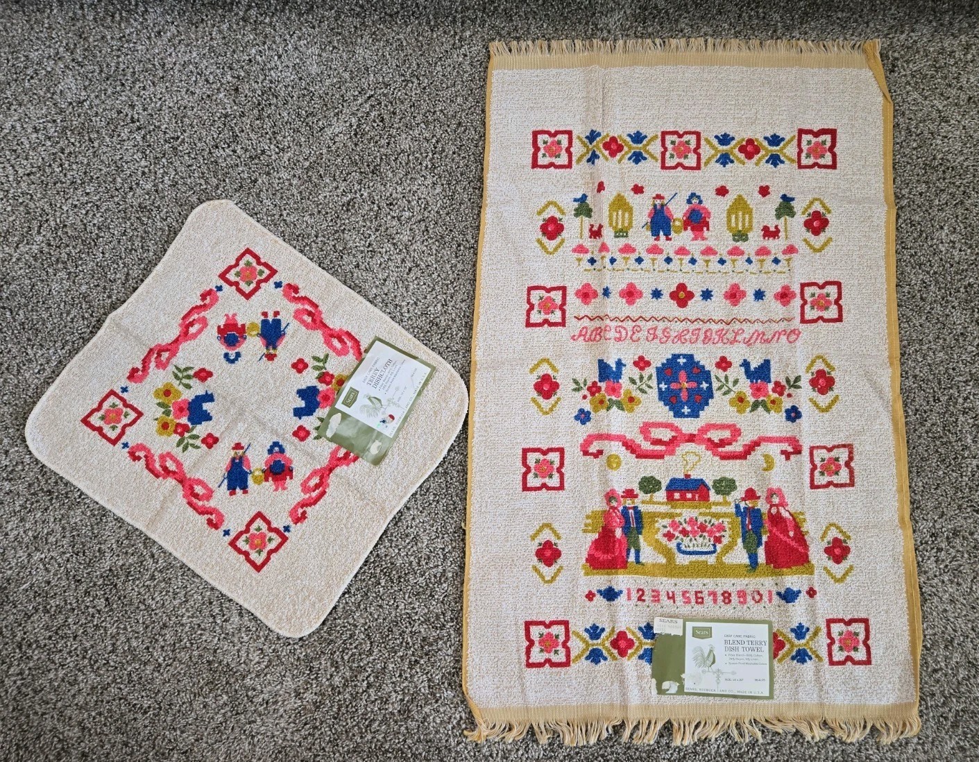 Sears & Roebuck Vtg 70s NOS Amish Folk Art Smapler 2pc Dish Towel Set Terrycloth Sears & Roebuck Vtg 70s NOS Amish Folk Art Smapler 2pc Dish Towel Set Terrycloth