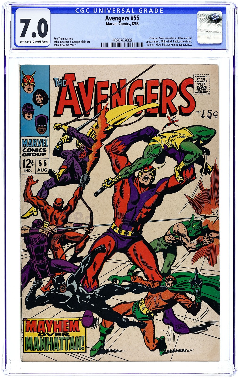 Avengers #55 CGC 7.0 1968 4080762008 1st full app. Ultron