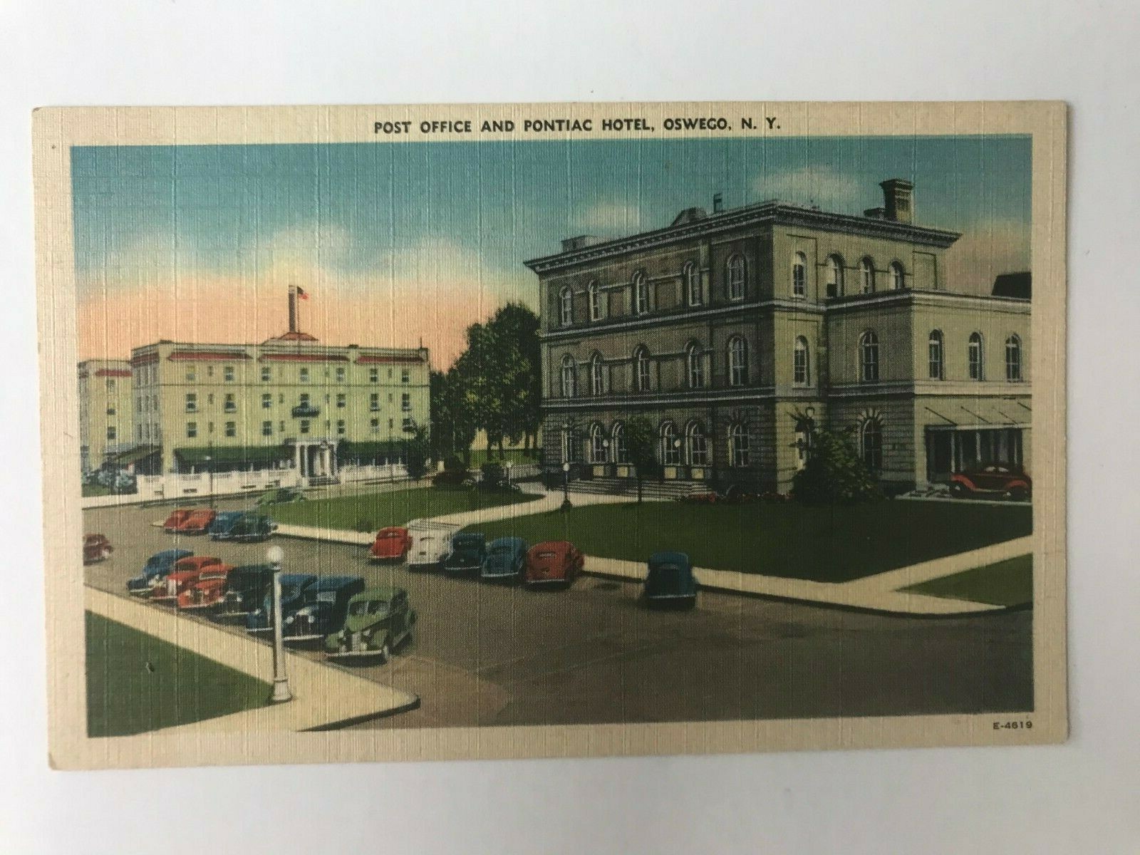 Postcard NY Oswego Post Office Pontiac Hotel Street View Cars Linen c1930's Postcard NY Oswego Post Office Pontiac Hotel Street View Cars Linen c1930's