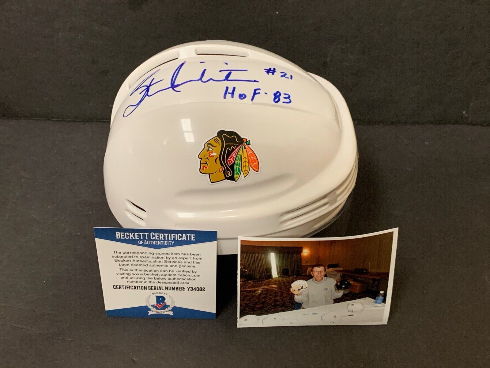 Stan Mikita Blackhawks Autographed Signed Mini Helmet BECKETT COA HOF 83