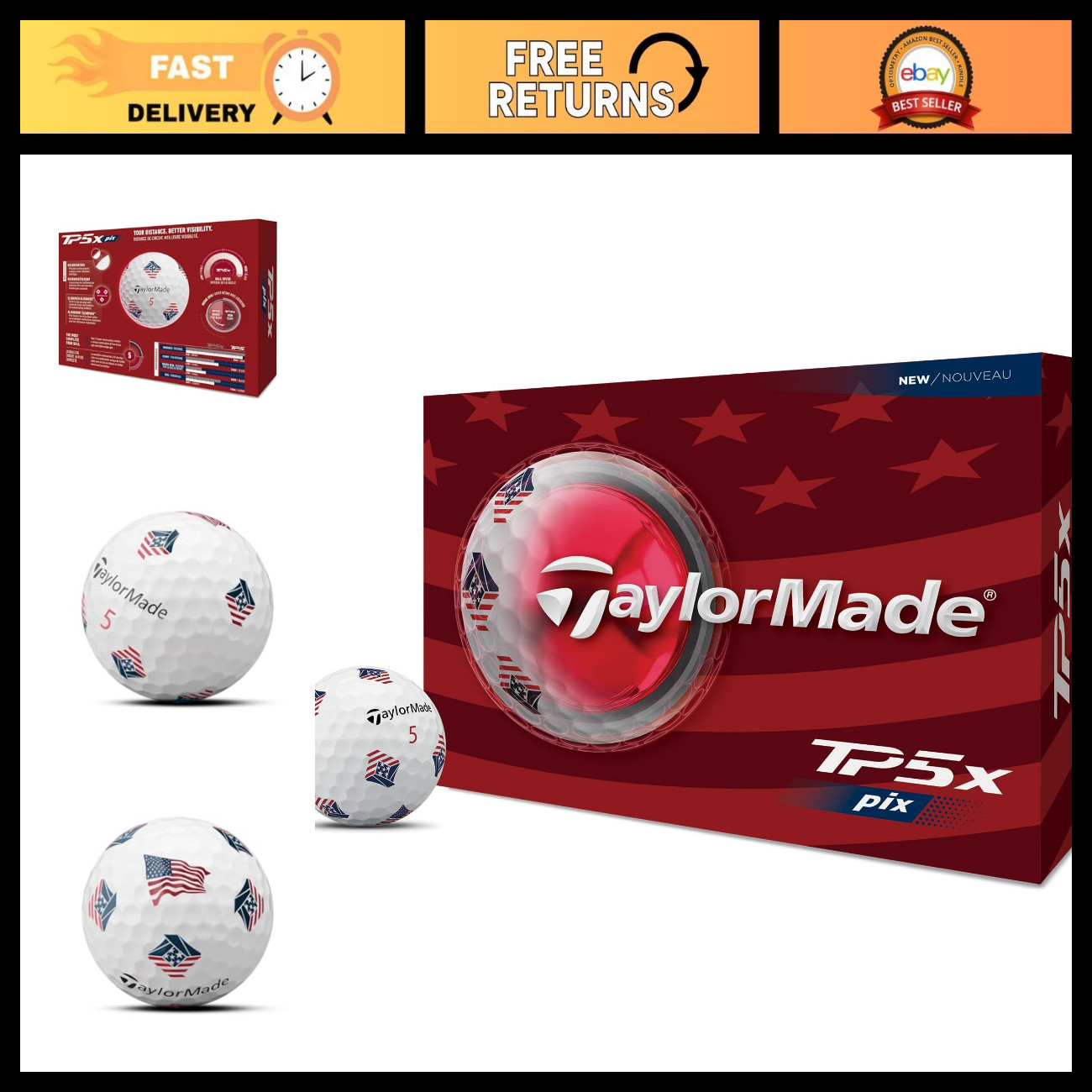 TaylorMade Golf 2024 TP5x PIX USA Golf Balls, Better Visibility, 1 Dozen TaylorMade Golf 2024 TP5x PIX USA Golf Balls, Better Visibility, 1 Dozen