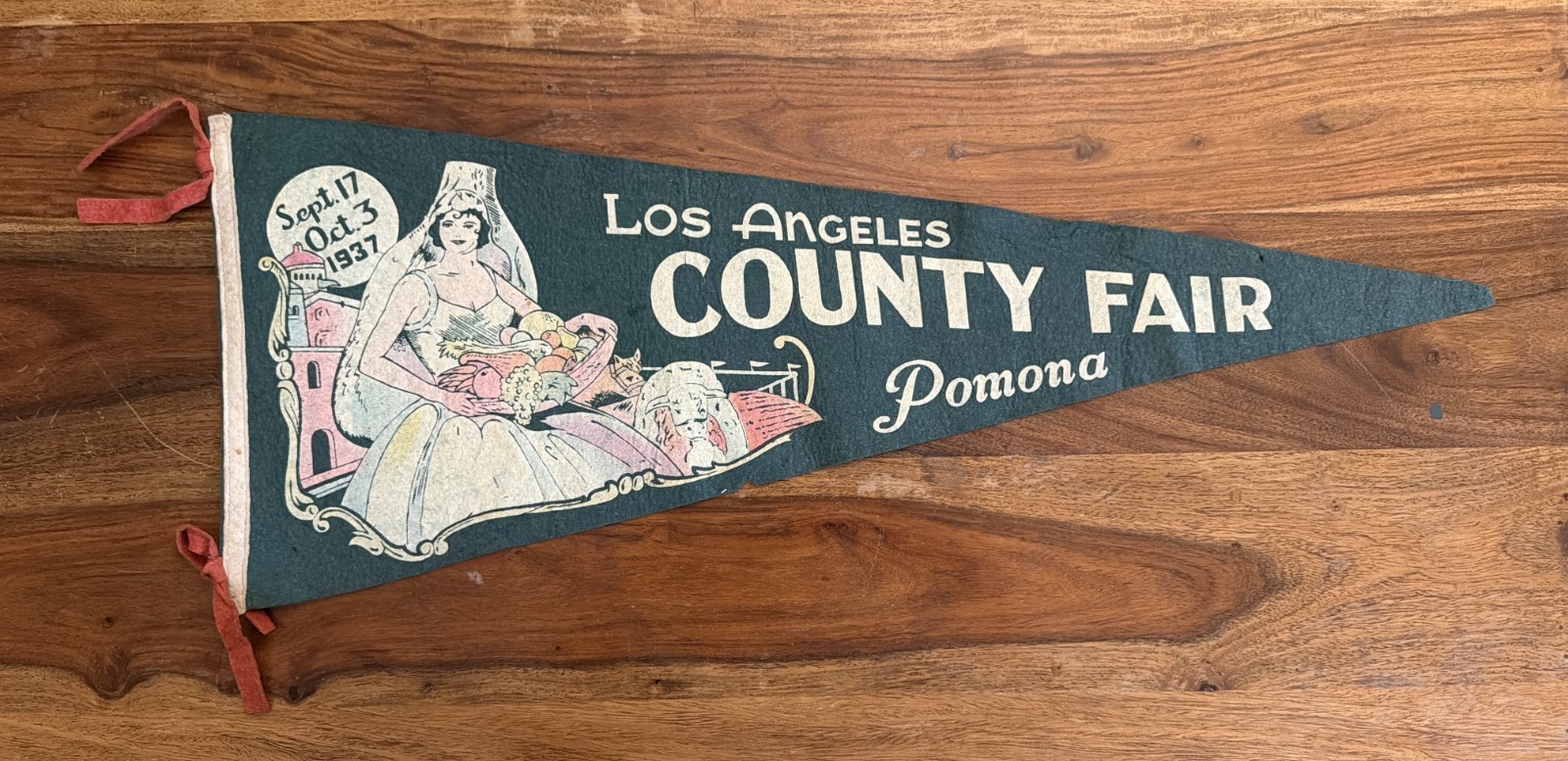 Vintage 1937 Los Angeles County Fair Pomona Felt Pennant Sept 17 Oct 3 Lady Vintage 1937 Los Angeles County Fair Pomona Felt Pennant Sept 17 Oct 3 Lady
