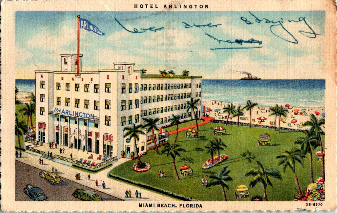 Hotel Arlington Miami Beach Fla. postcard Serrated edge top & bottom Cancel 1949