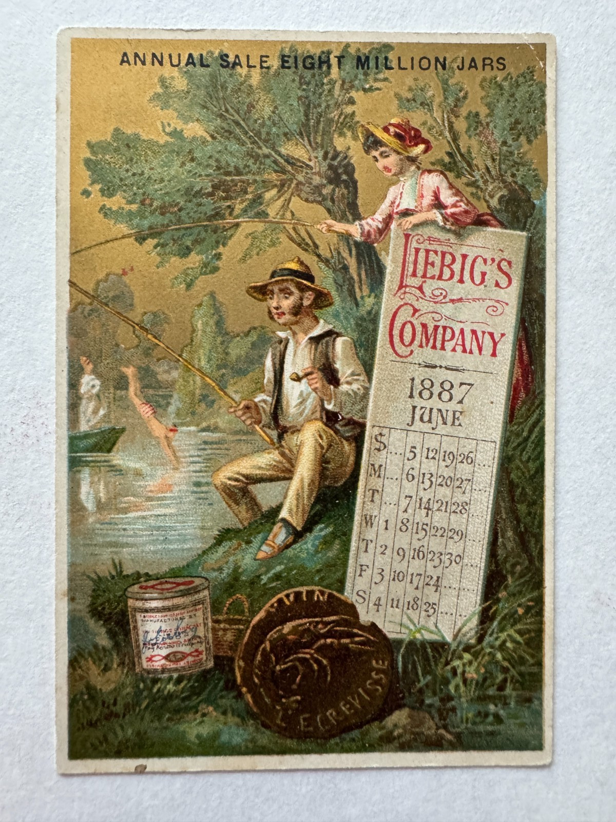 Vintage Victorian Trade Card Liebig Extract June 1887 Calendar fishing man women Vintage Victorian Trade Card Liebig Extract June 1887 Calendar fishing man women