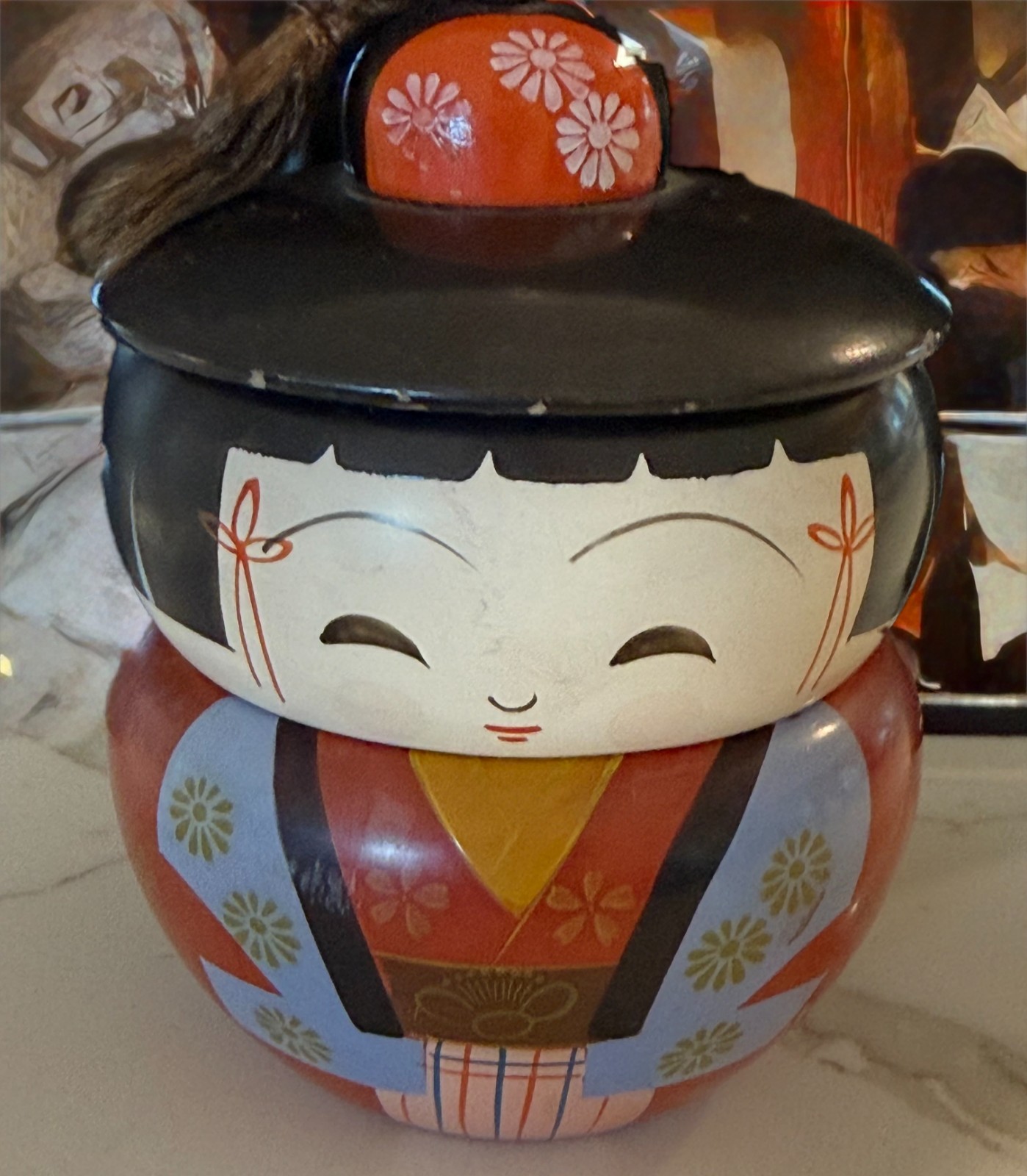 Vintage Japanese Bento Kokeshi Doll Hand Painted Lacquer Round Trinket Box MCM