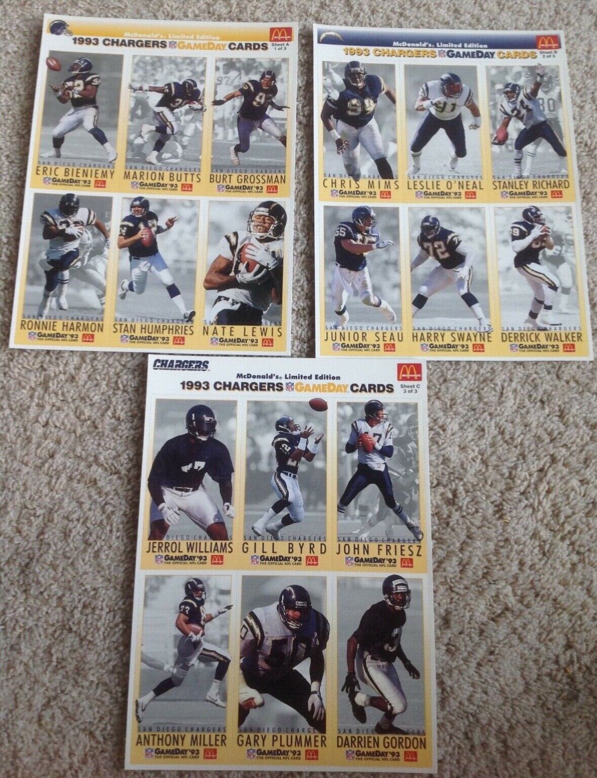 Vintage 1993 SAN DIEGO CHARGERS McDonalds GAMEDAY Limited Edition Cards SEAU