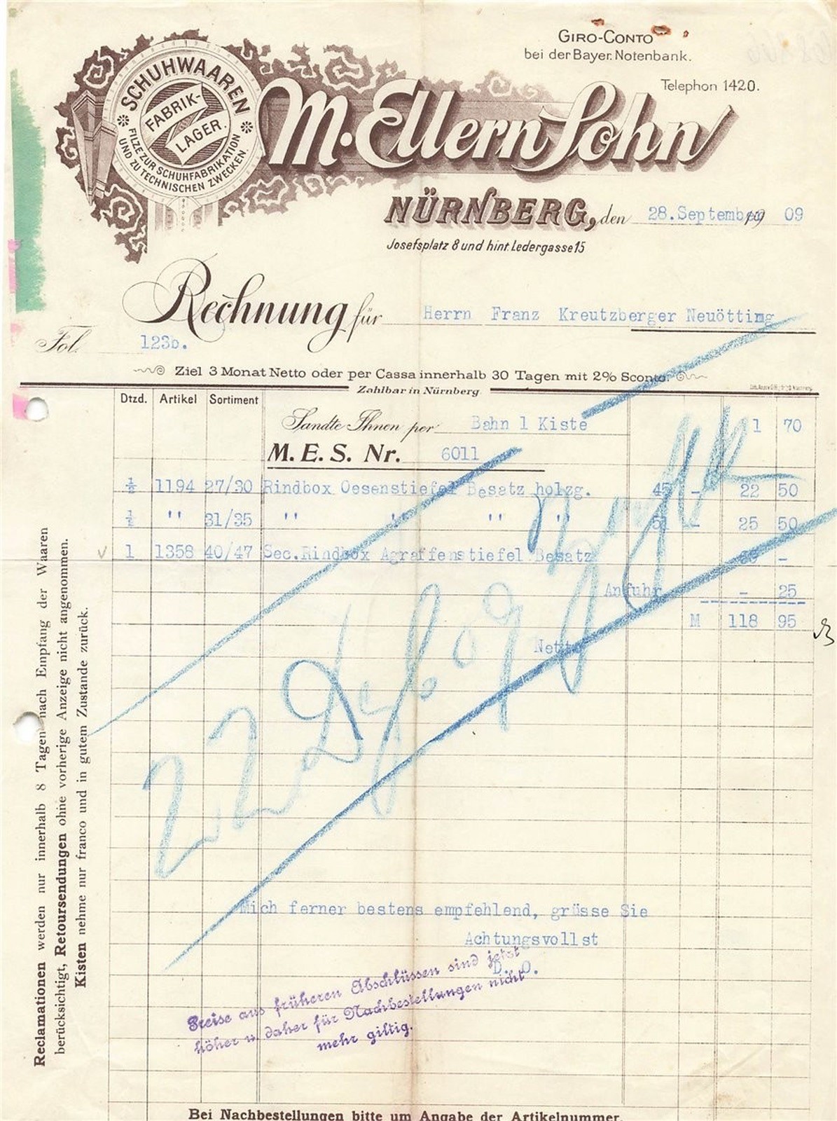 Old invoice-M. Ellern son Nuremberg 1909 Empire
