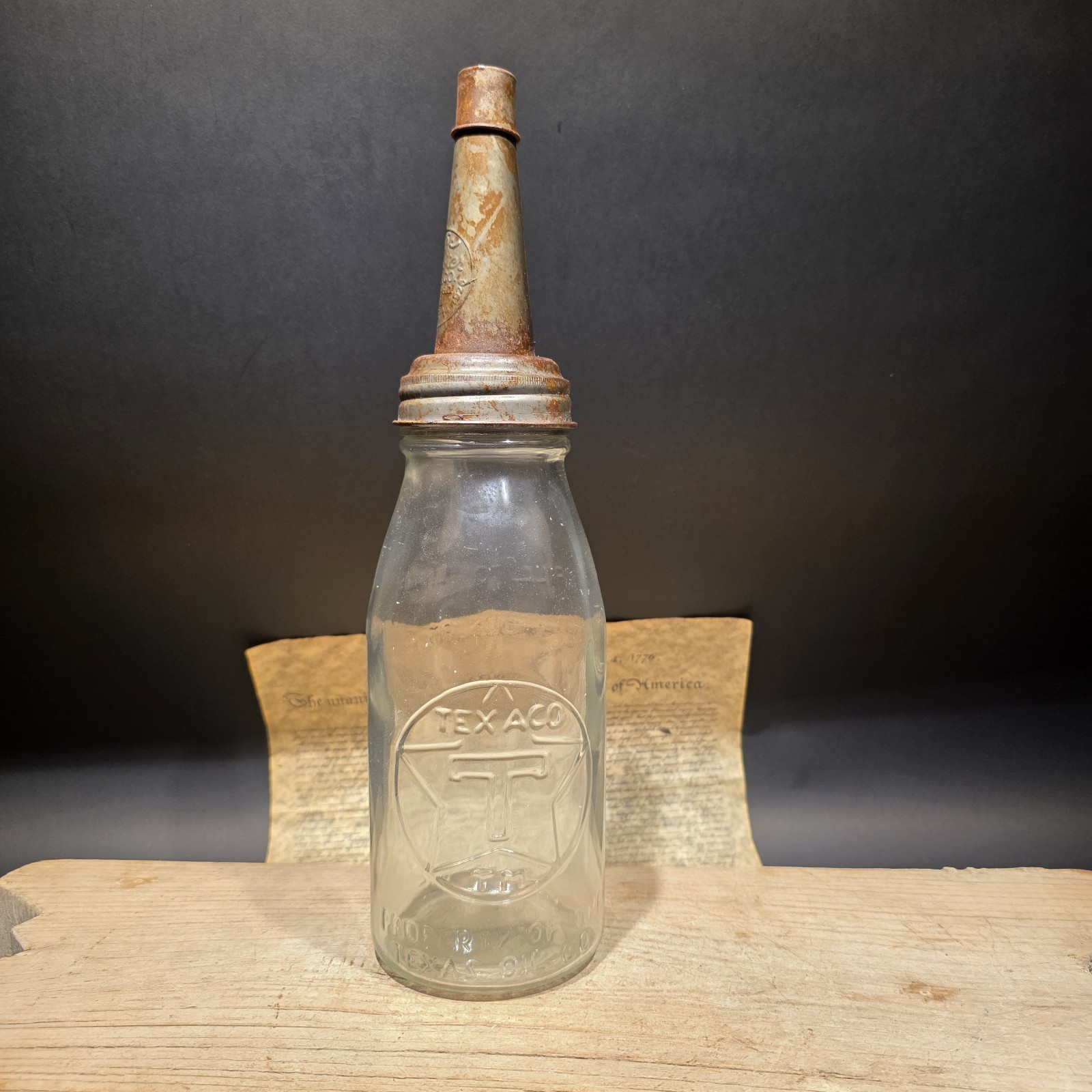 1930s Style Glass Texaco Oil Bottle w Spout 1930s Style Glass Texaco Oil Bottle w Spout