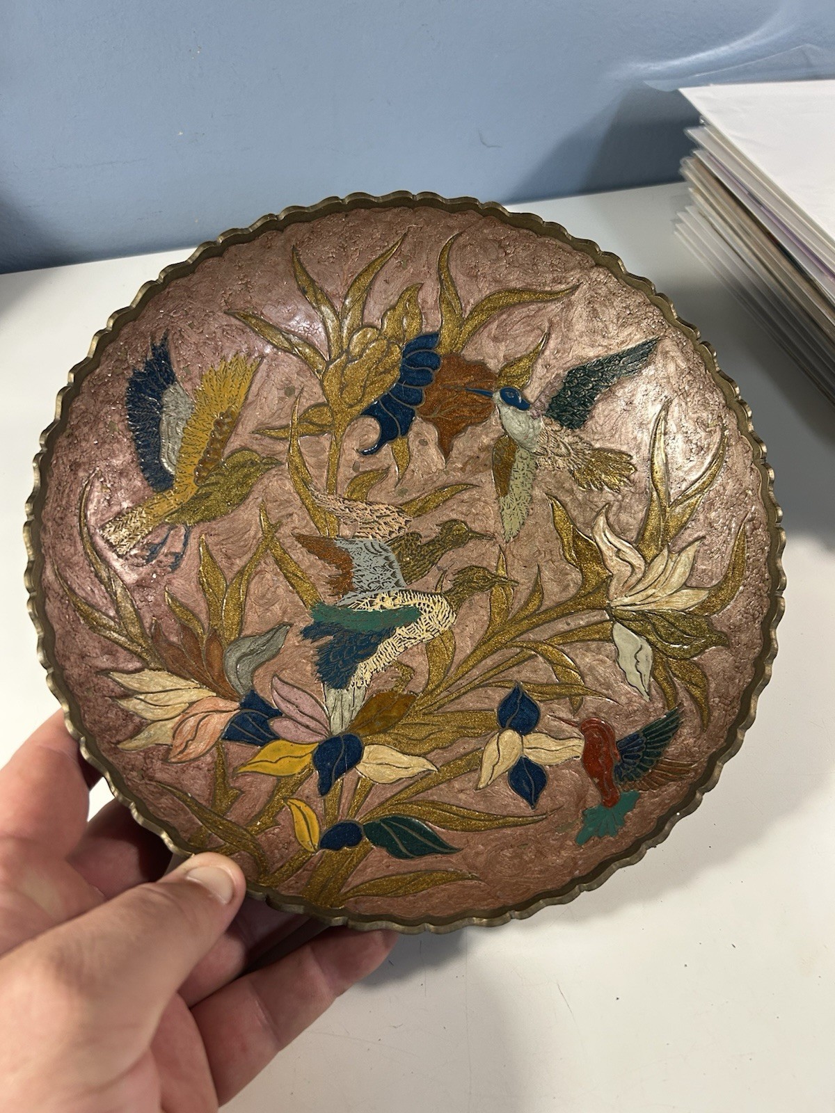 Vintage Enameled Brass Pedestal Bowl Scalloped Cloisonne Style Bird Lily 9.75 Vintage Enameled Brass Pedestal Bowl Scalloped Cloisonne Style Bird Lily 9.75