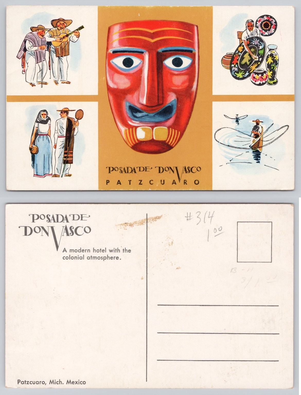 Patzcuaro Michoacan Mexico Postcard Posada Don Vasco Folk Art Fisherman Patzcuaro Michoacan Mexico Postcard Posada Don Vasco Folk Art Fisherman