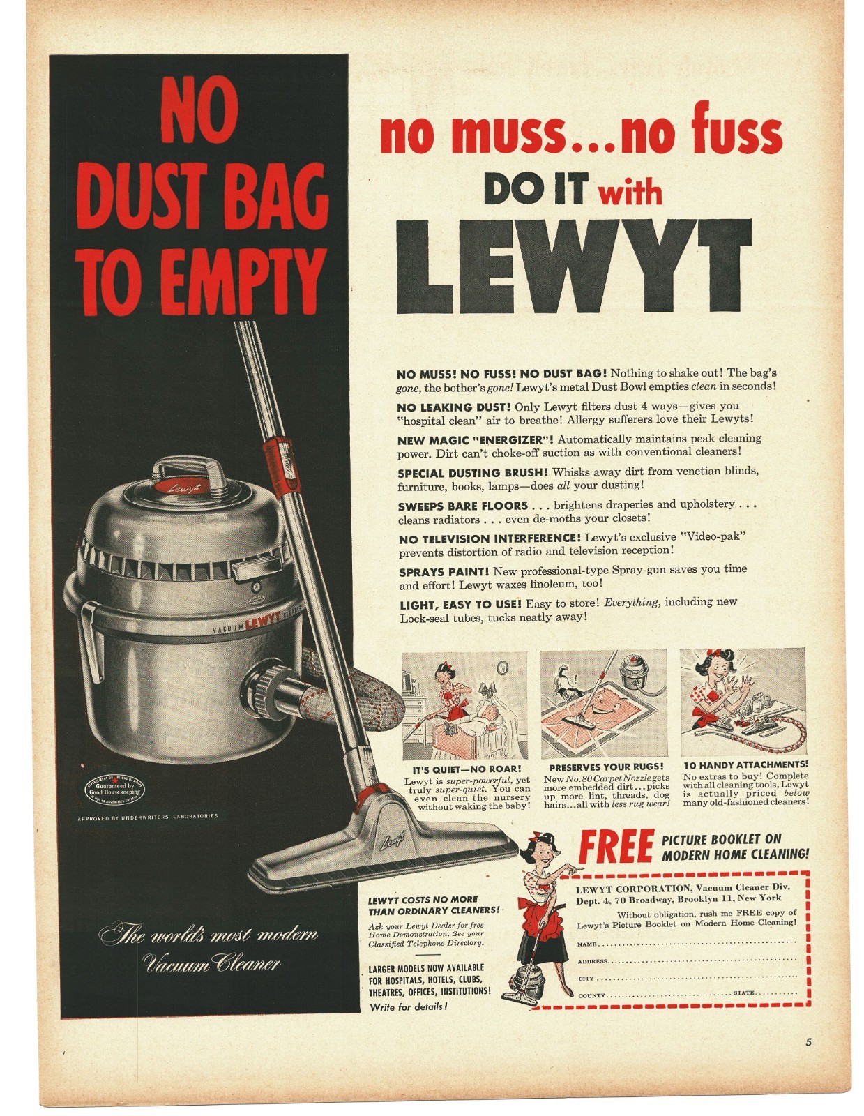 1950 Lewyt Vacuum Vintage Print Ad No Dust Bag Canister World\'s Most Modern