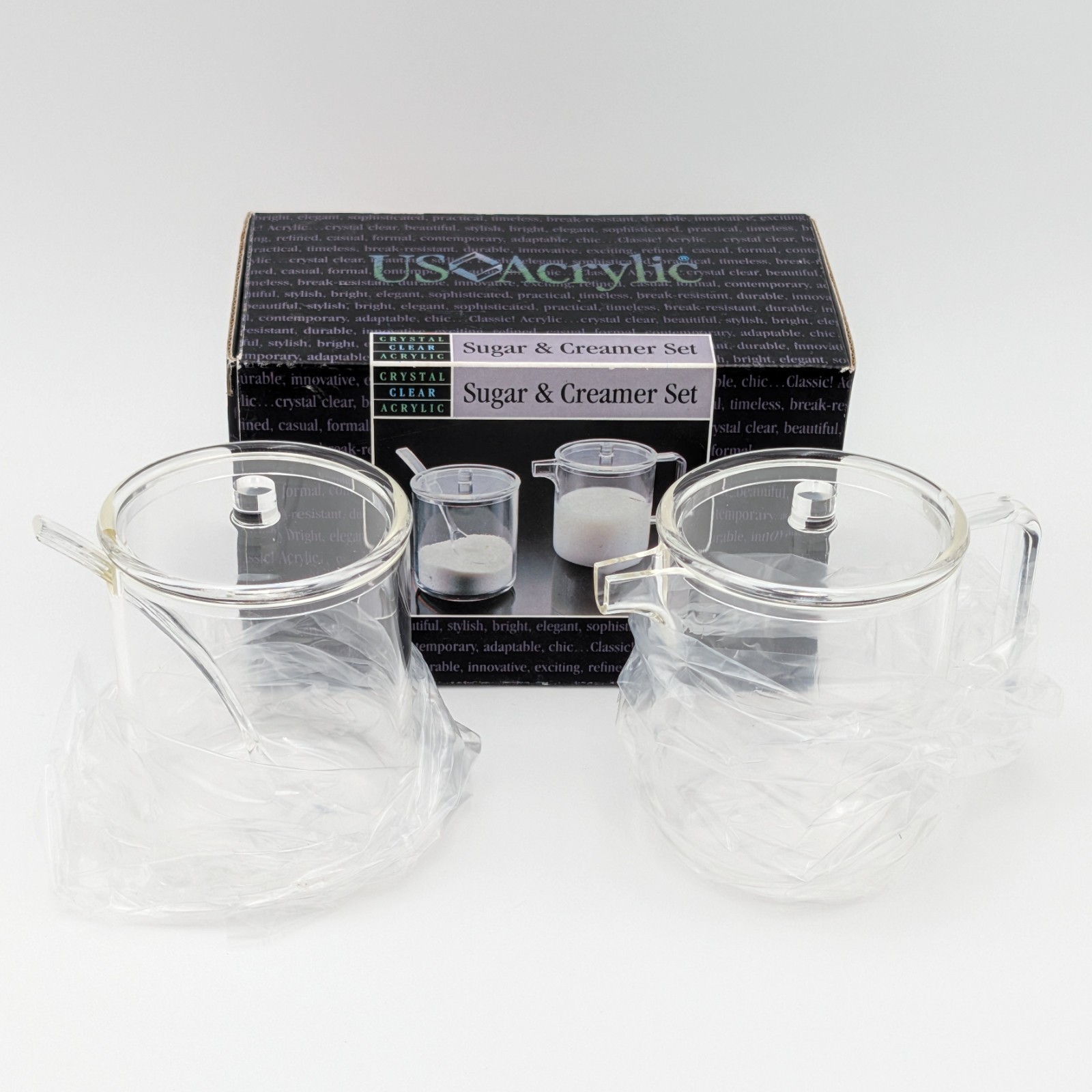 Vintage 1993 US Acrylic Clear Sugar Bowl Creamer Set Lids Spoon New In Box