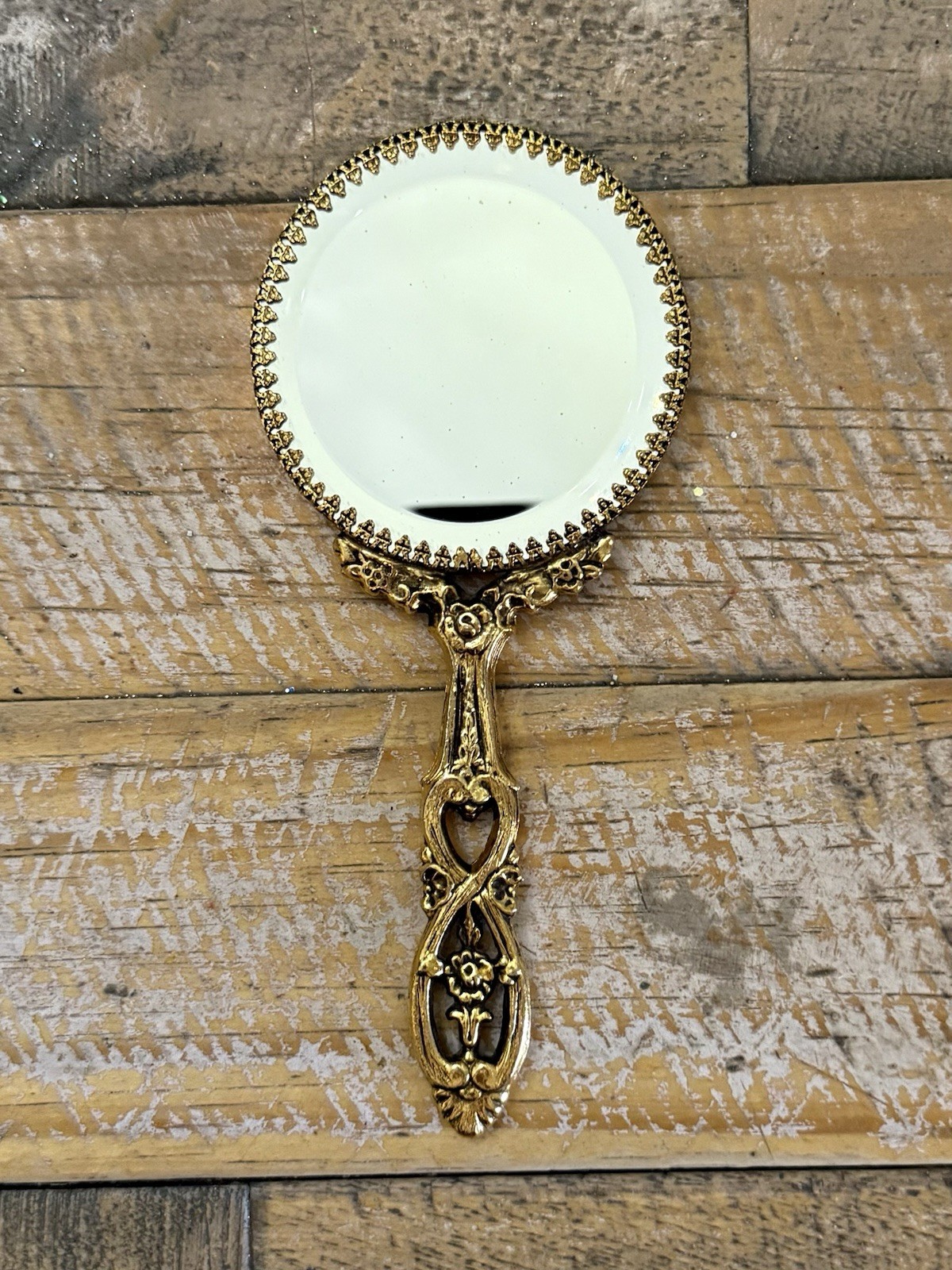 Vintage Hand Mirror Small Ornate Gold Tone Vanity Handheld Metal Double Sided 7” Vintage Hand Mirror Small Ornate Gold Tone Vanity Handheld Metal Double Sided 7”