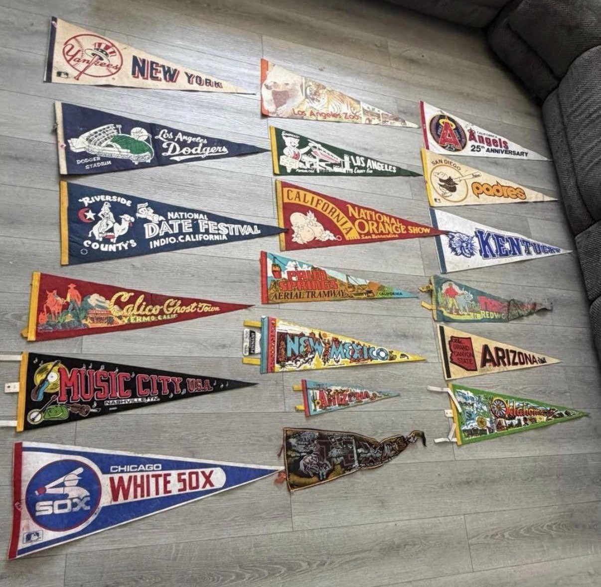 TRUE VINTAGE 1950s 1980s FELT PENNANT FLAG LOT (19 TOTAL) DODGERS STATES RARE