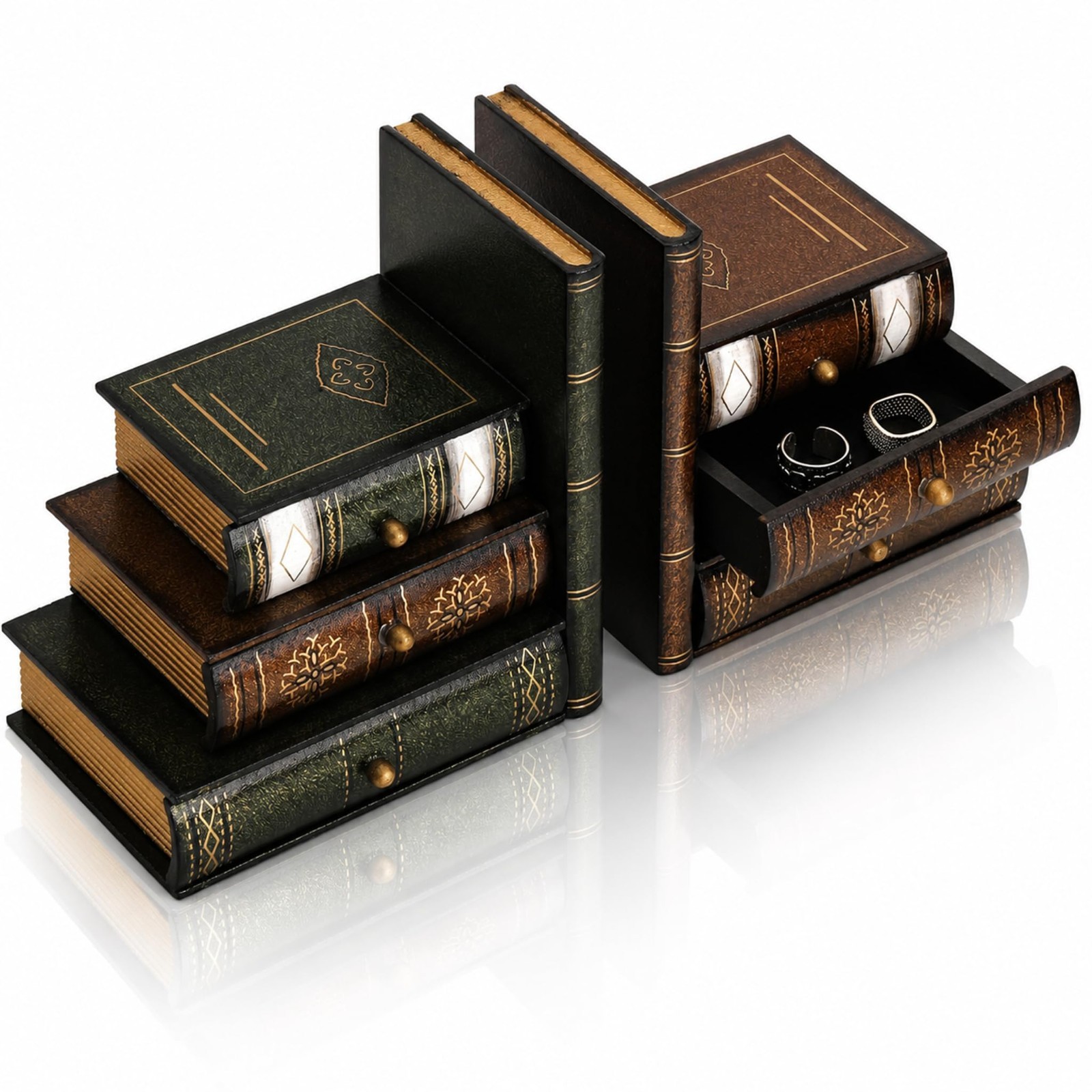 Vintage Wooden Bookends with Hidden Storage Drawers - Decorative Desk Organizer Vintage Wooden Bookends with Hidden Storage Drawers - Decorative Desk Organizer