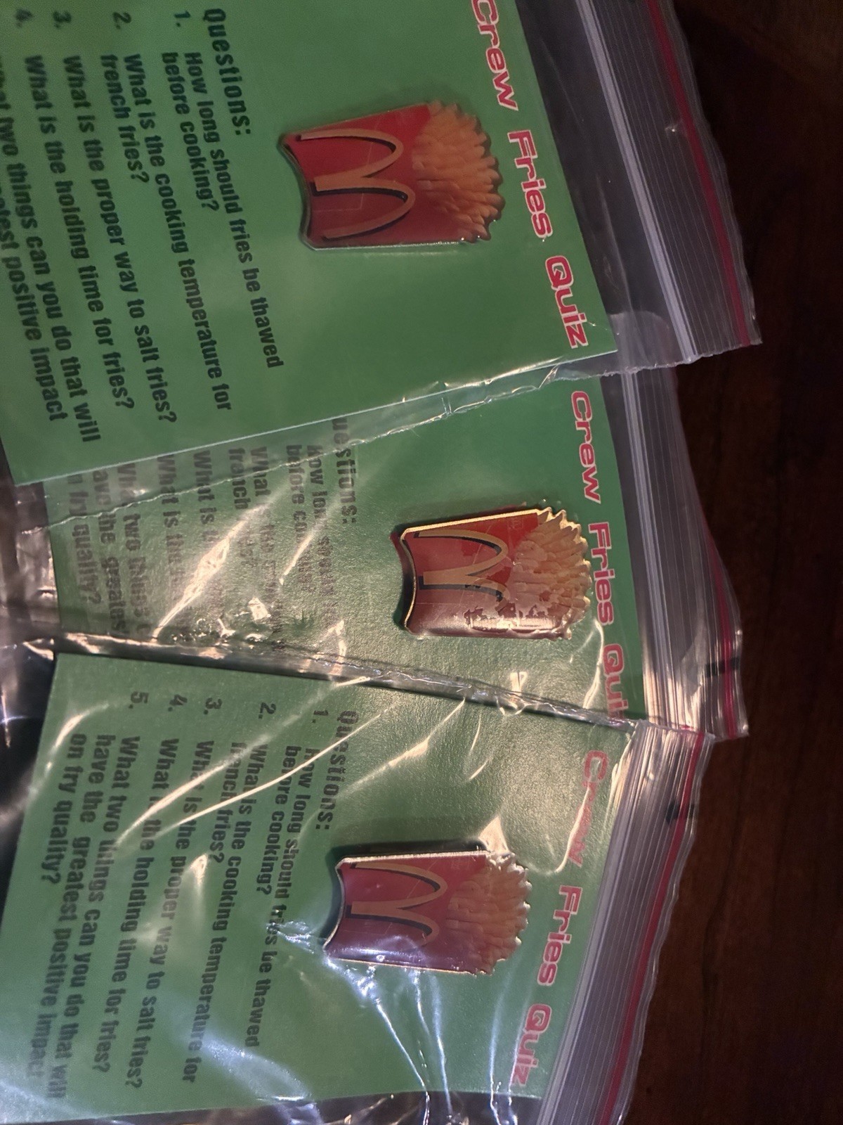 New Vintage McDonald\'s Employee Lapel Pins Hat Crew Fries Quiz on Card Lot of 3 New Vintage McDonald\'s Employee Lapel Pins Hat Crew Fries Quiz on Card Lot of 3