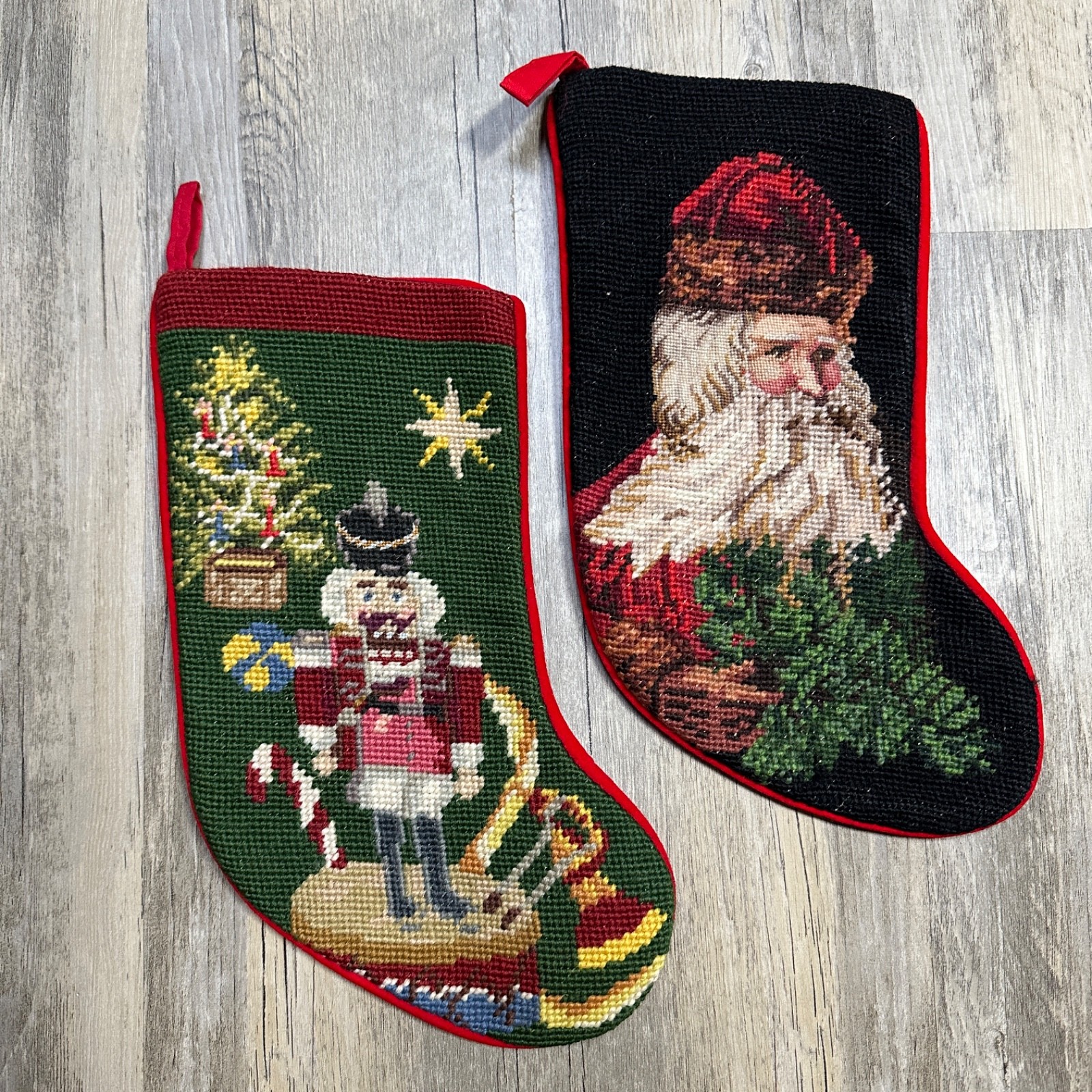 Vtg Small Needlepoint Christmas Stockings Old World Santa and Nutcracker 12