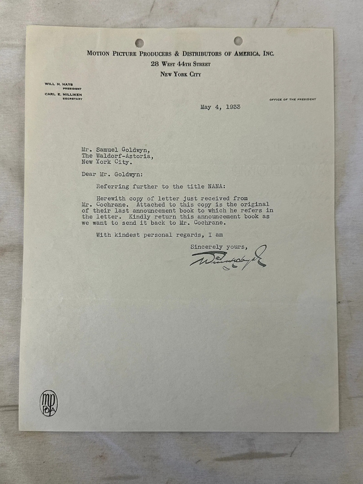Will Hays Signed Letter to Samuel Goldwyn MGM Hollywood Movie 1933 Will Hays Signed Letter to Samuel Goldwyn MGM Hollywood Movie 1933