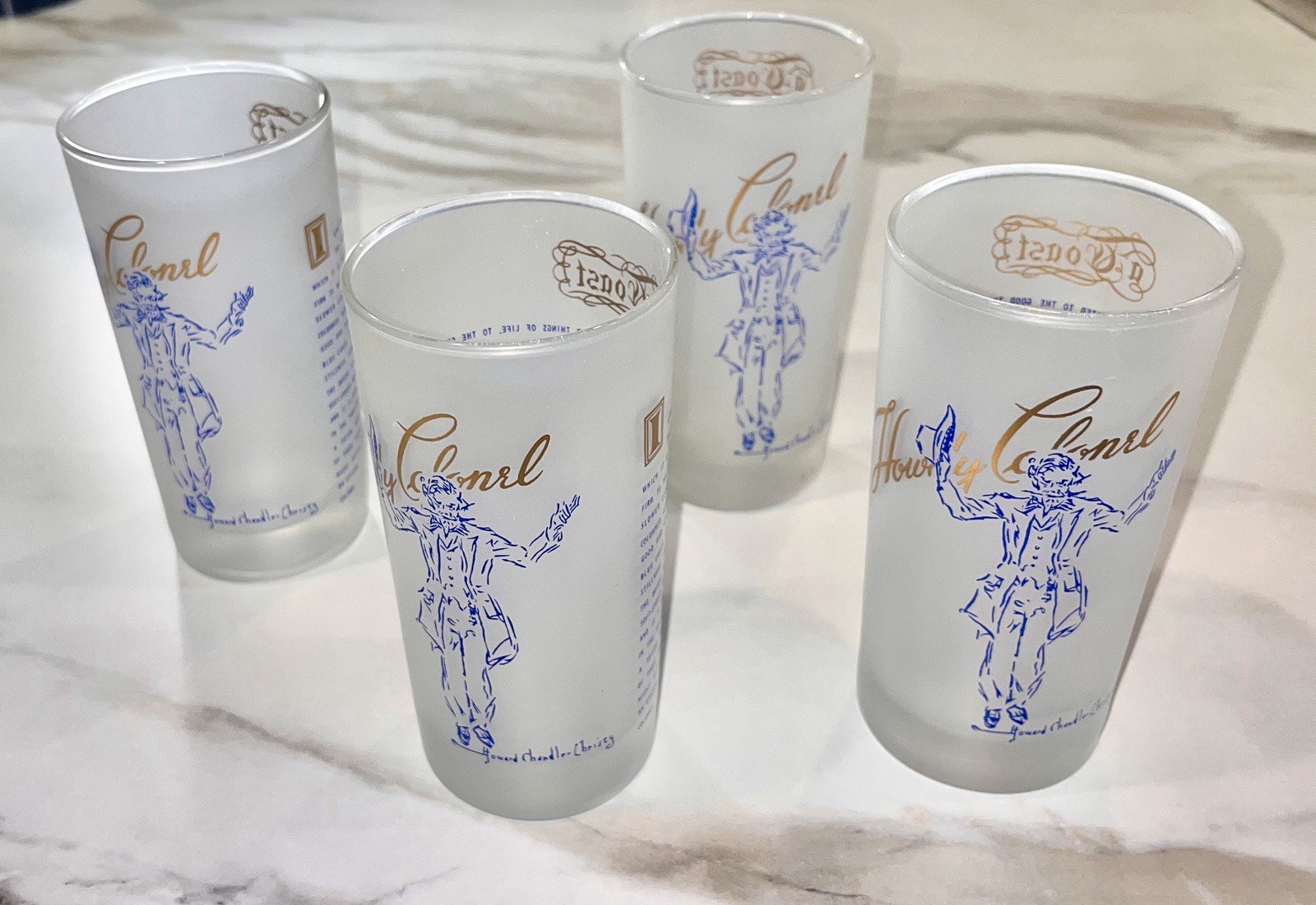 Vintage Howdy Kentucky Colonel Frosted Glasses Set-4 Pieces Mint Vintage Howdy Kentucky Colonel Frosted Glasses Set-4 Pieces Mint