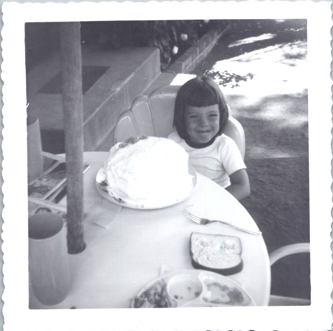 Smiling Young Girl with Birthday Cake, 1950s Backyard B&W Snapshot Photo