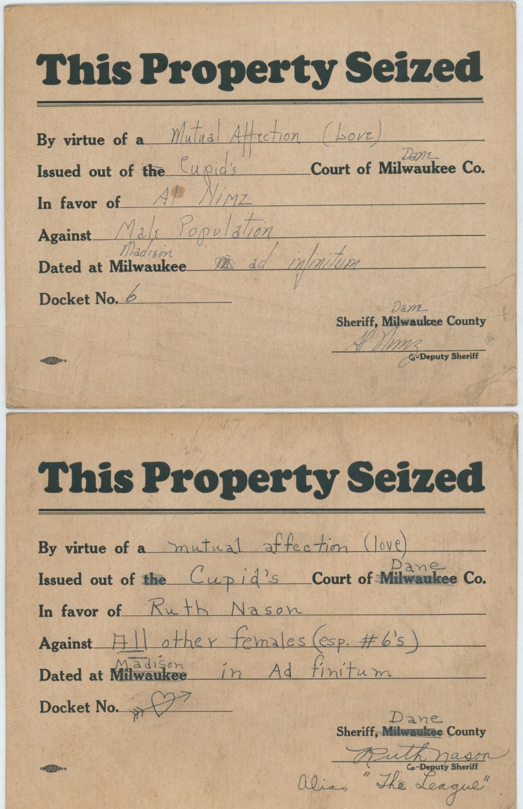 c1940 This Property Seized Cardboard Courtship Wedding Signs Madison WI Pair c1940 This Property Seized Cardboard Courtship Wedding Signs Madison WI Pair