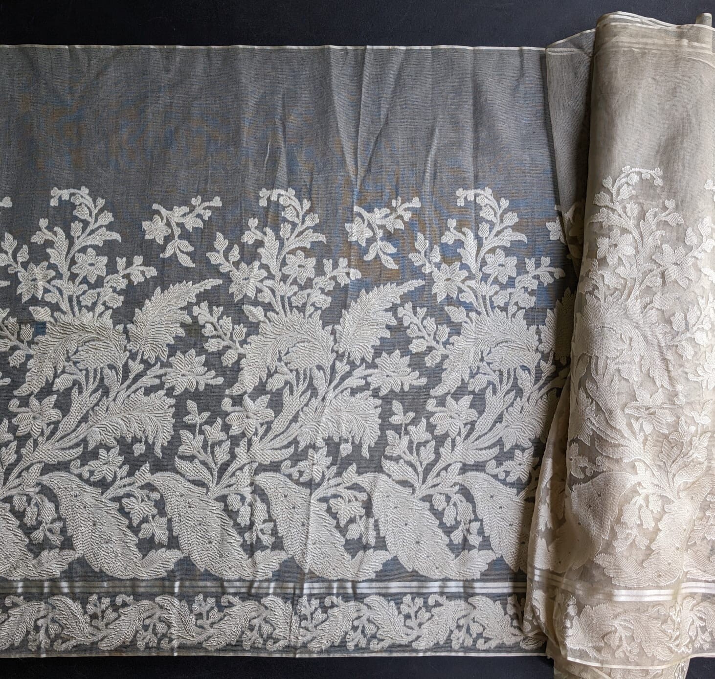 ANTIQUE RARE 1830’S SHEER SILK GAUZE DRESS FABRIC W FLORAL AND LEAF PATTERN
