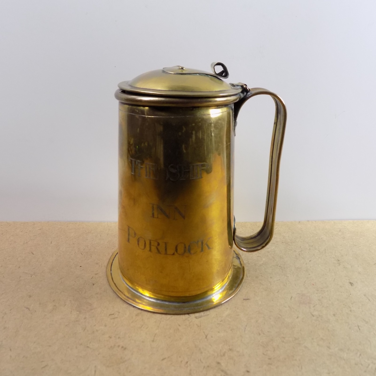 Antique c1890 English Brass Lidded Tankard Stein The Ship Inn Portlock Antique c1890 English Brass Lidded Tankard Stein The Ship Inn Portlock