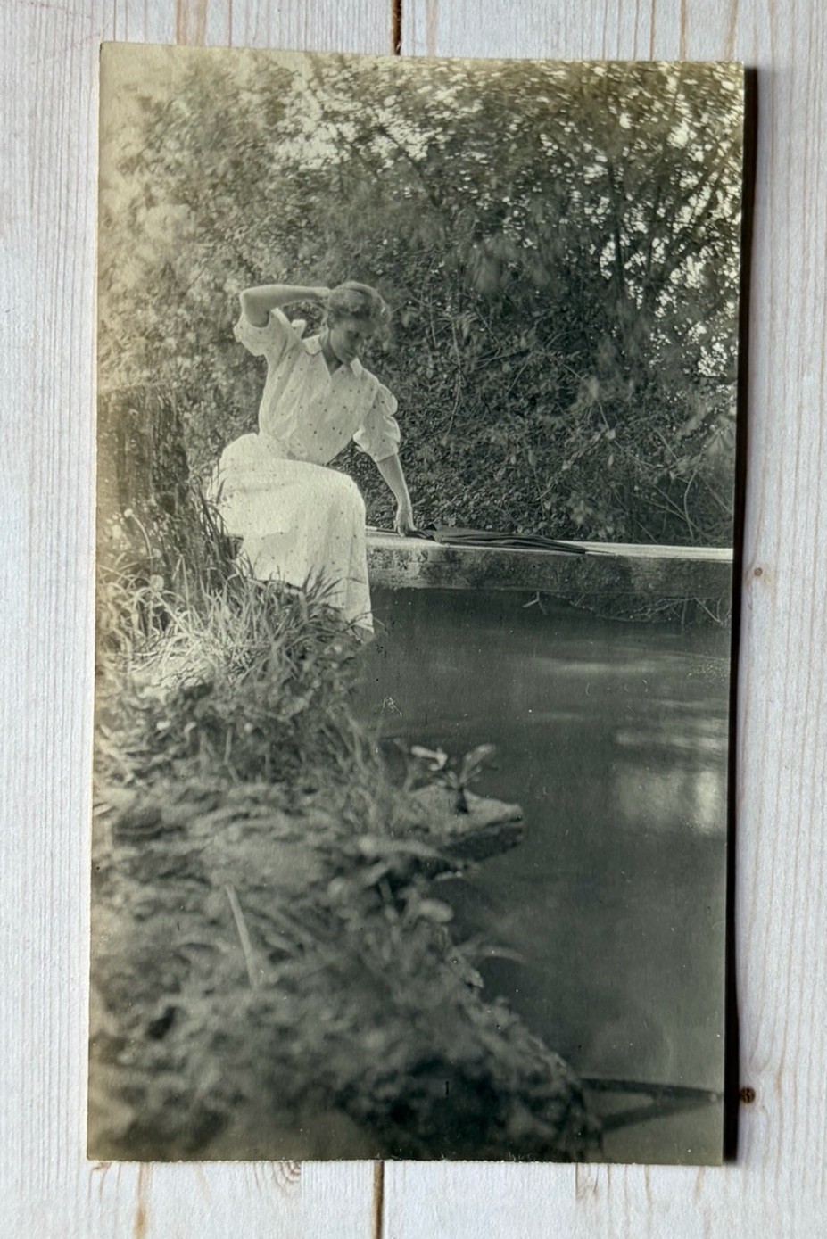 Antique Snapshot Photo Lovely Young Woman In White Dress Sitting By A Creek