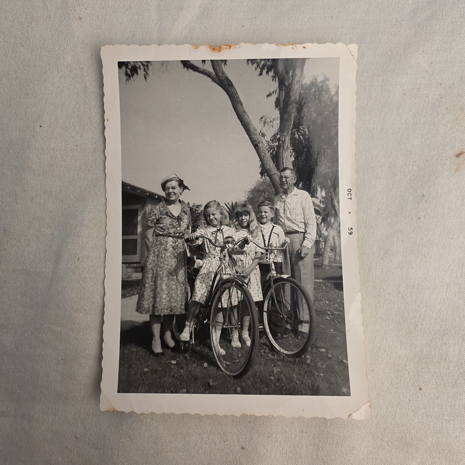 Vintage 1959 B&W Photo Family Grandparents Children Bicycles Kodak Velox 3.5x5