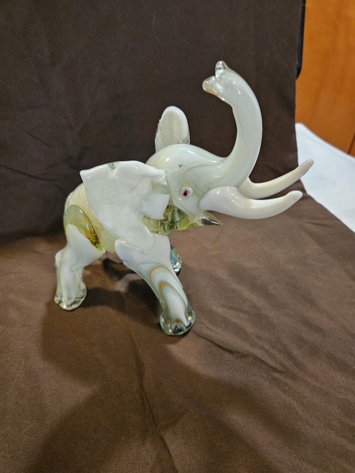 Vtg Hand Blown Art Glass Elephant Figurine Trunk Up Green White Swirl W Label