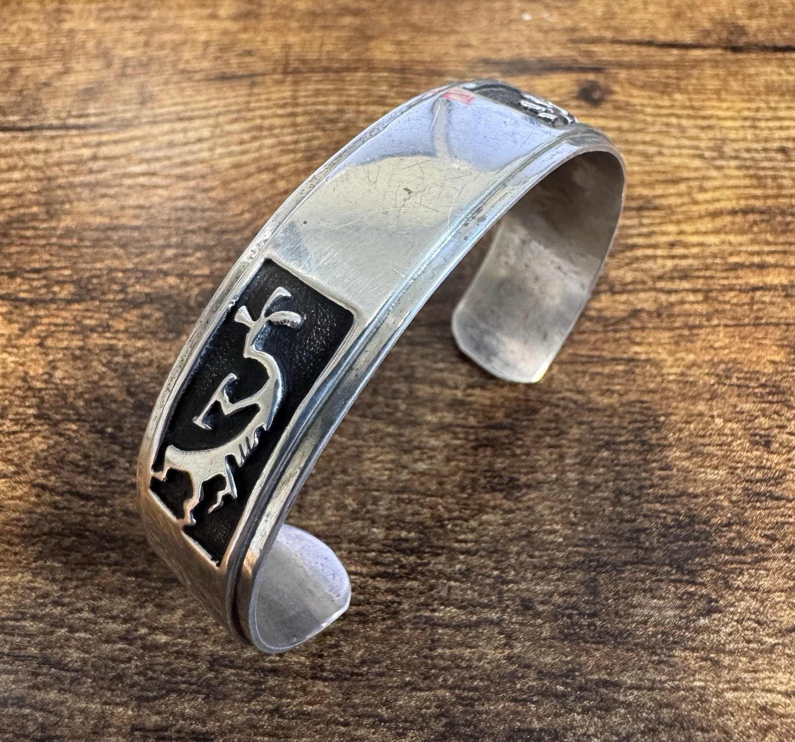 Sterling Silver Kokopelli Overlay Cuff Bracelet - Vintage Navajo, FJ Henry